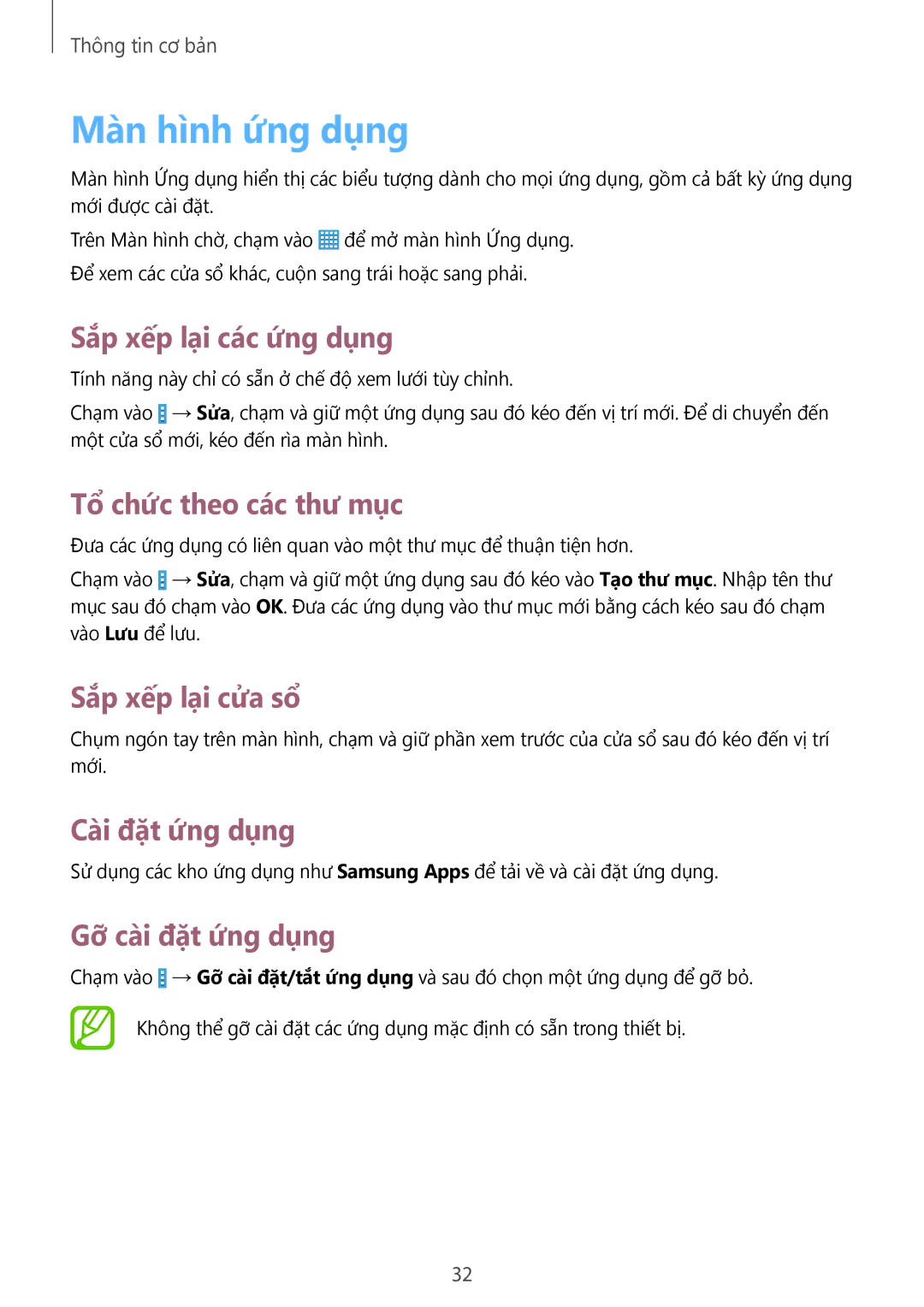 Samsung SM-T331NYKAXXV manual Màn hình ứng dụng, Sắp xếp lại các ứng dụng, Tổ chức theo các thư mục, Cài đặt ứng dụng 