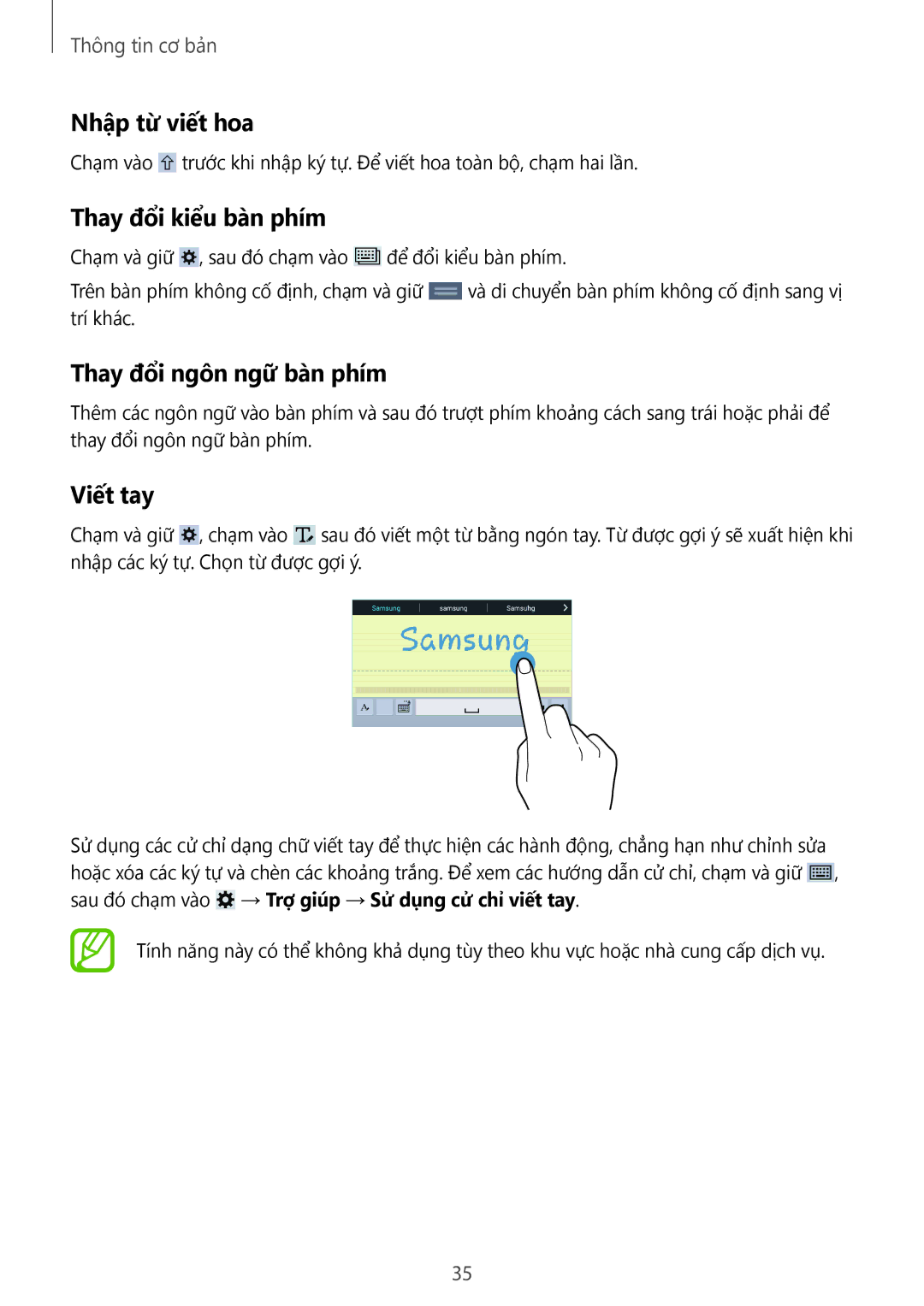 Samsung SM-T331NZWAXXV, SM-T331NYKAXXV manual Nhập từ viết hoa, Thay đổi kiểu bàn phím, Thay đổi ngôn ngữ bàn phím, Viết tay 