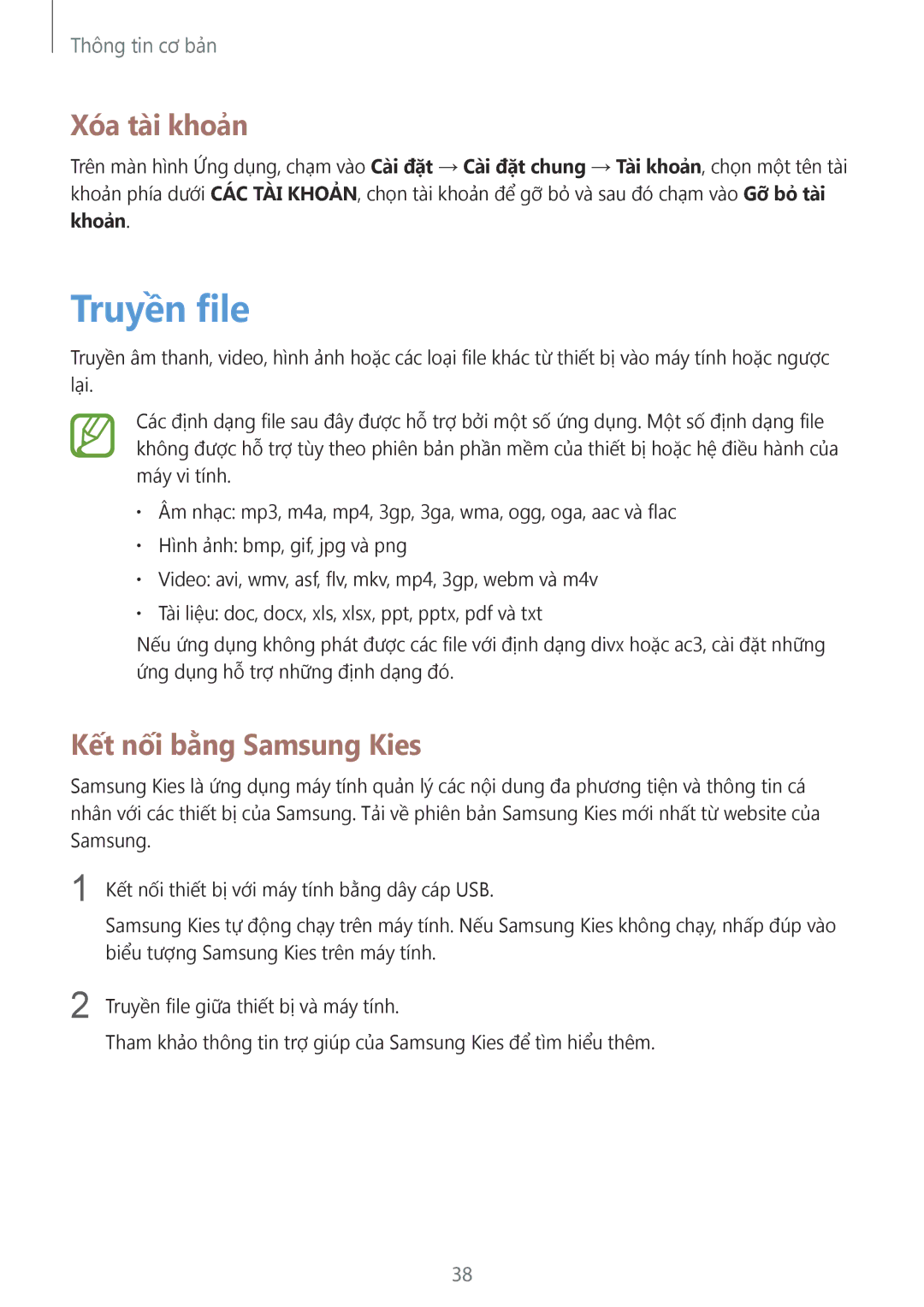 Samsung SM-T331NYKAXXV, SM-T331NZWAXXV manual Truyền file, Xóa tài khoản, Kết nối bằng Samsung Kies 