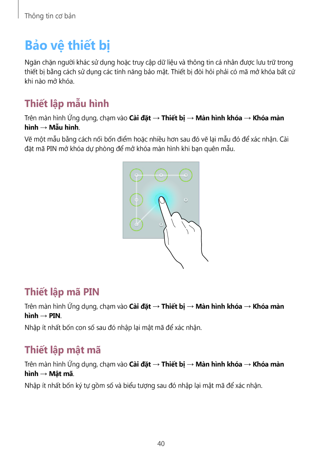 Samsung SM-T331NYKAXXV, SM-T331NZWAXXV manual Bảo vệ thiết bị, Thiết lập mẫu hình, Thiết lập mã PIN, Thiết lập mật mã 