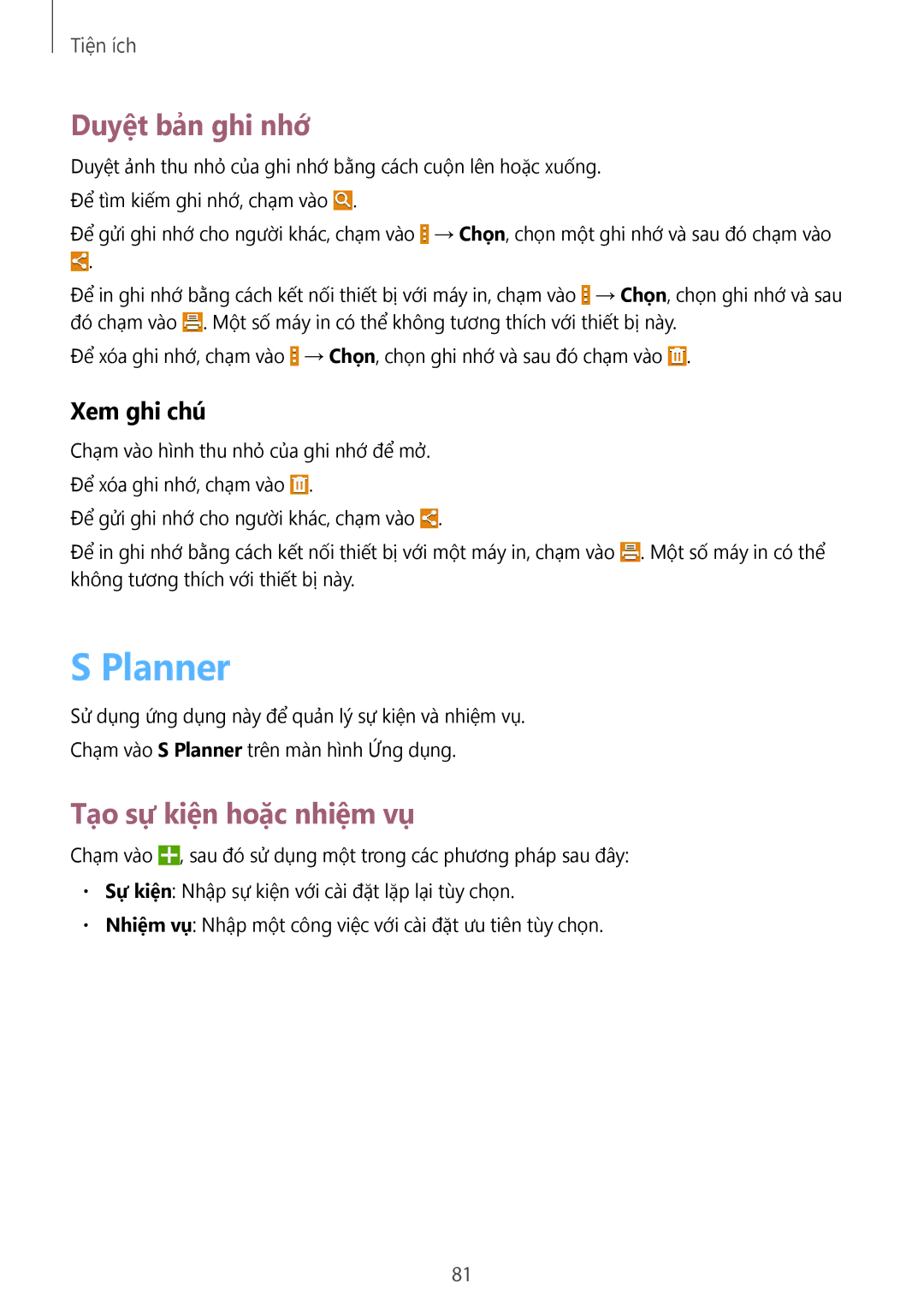 Samsung SM-T331NZWAXXV, SM-T331NYKAXXV manual Planner, Duyệt bản ghi nhớ, Tạo sự kiện hoặc nhiệm vụ, Xem ghi chú 