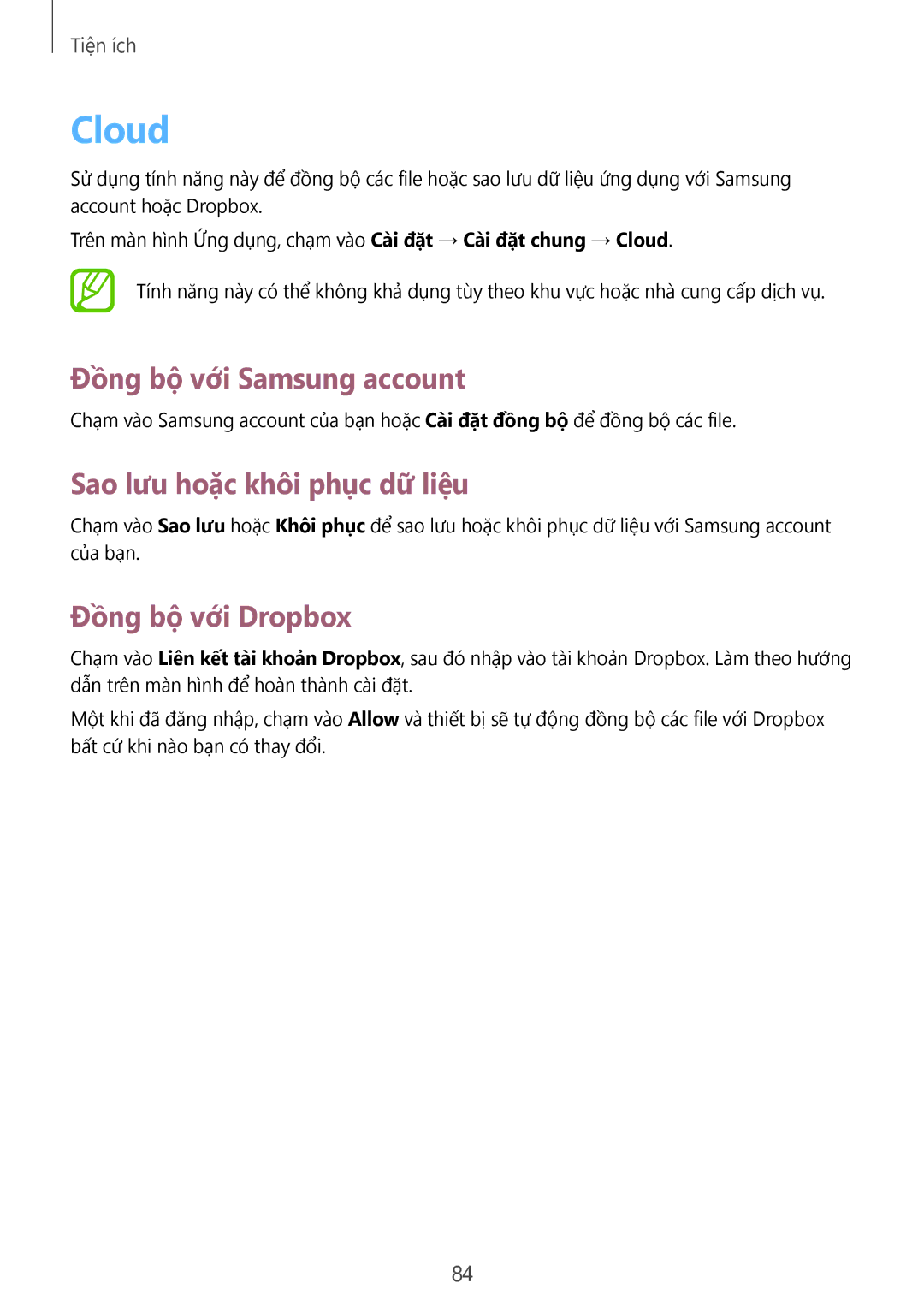 Samsung SM-T331NYKAXXV manual Cloud, Đồng bộ với Samsung account, Sao lưu hoặc khôi phục dữ liệu, Đồng bộ với Dropbox 