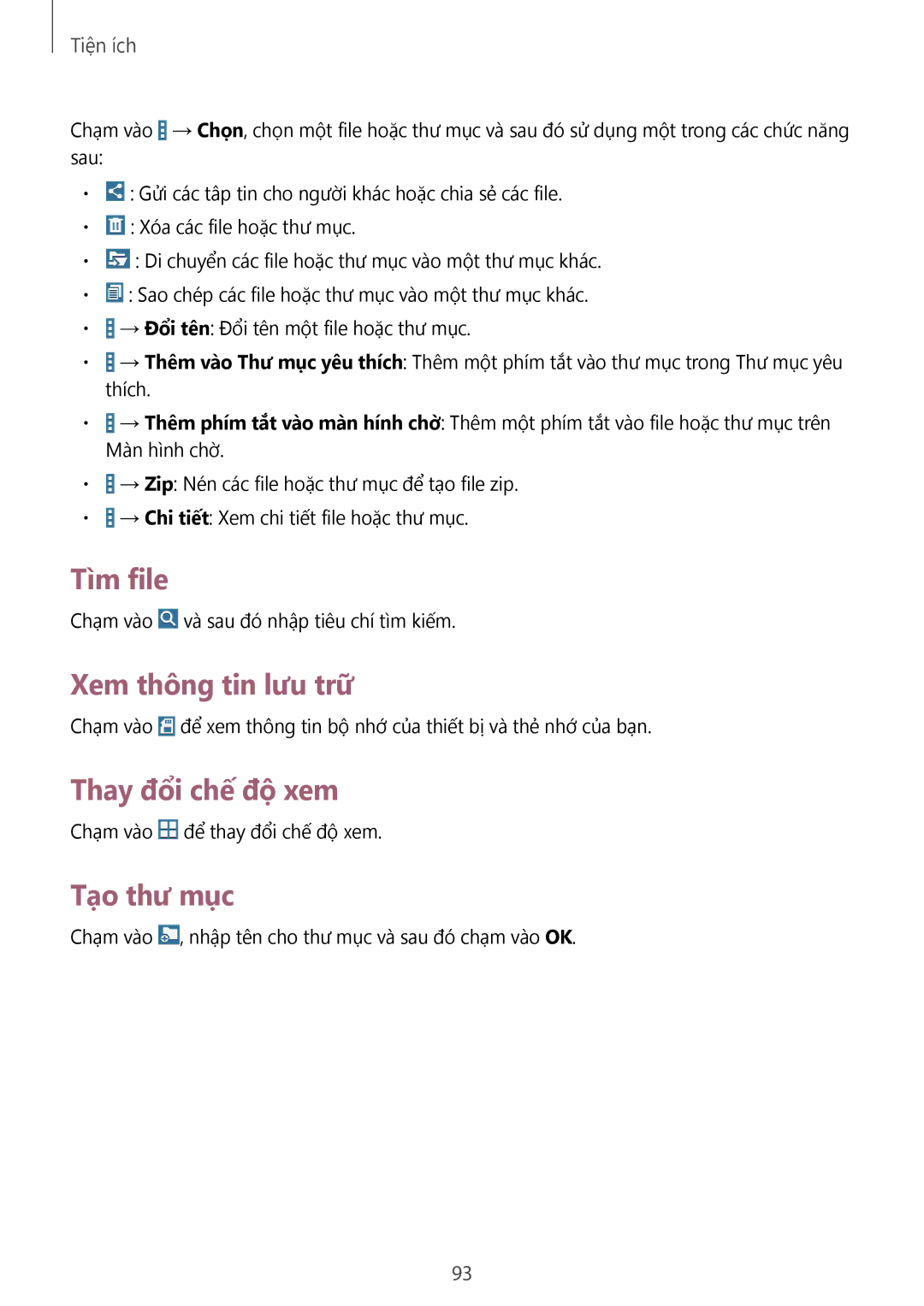 Samsung SM-T331NZWAXXV, SM-T331NYKAXXV manual Tìm file, Xem thông tin lưu trữ, Thay đổi chế độ xem, Tạo thư mục 