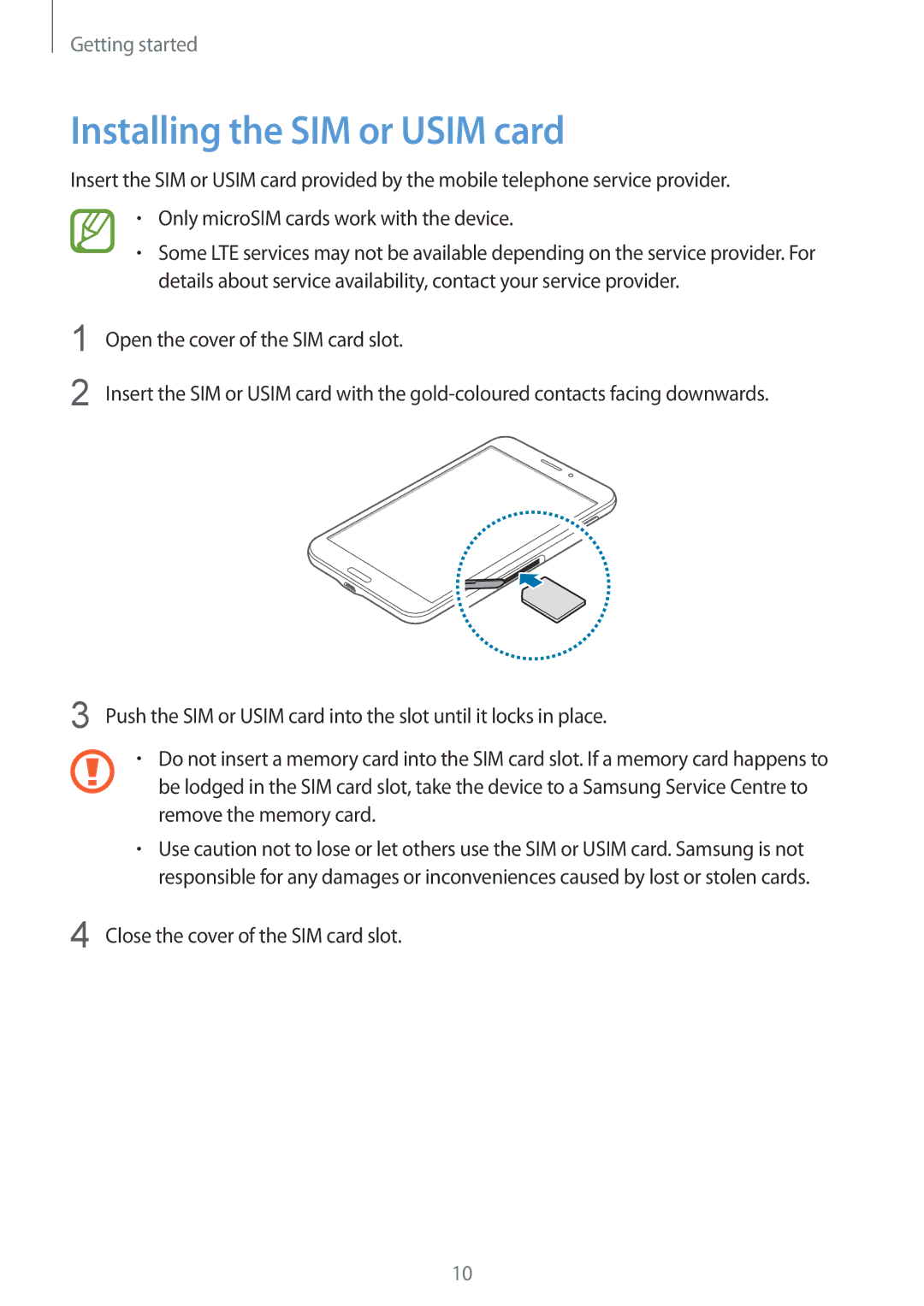 Samsung SM-T335NZWATIM, SM-T335NYKAATO, SM-T335NYKAEUR, SM-T335NYKACOS, SM-T335NZWAEUR manual Installing the SIM or Usim card 