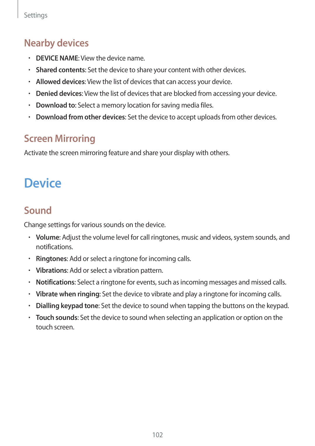 Samsung SM-T335NDWANEE, SM-T335NYKAATO, SM-T335NYKAEUR, SM-T335NYKACOS manual Device, Nearby devices, Screen Mirroring, Sound 