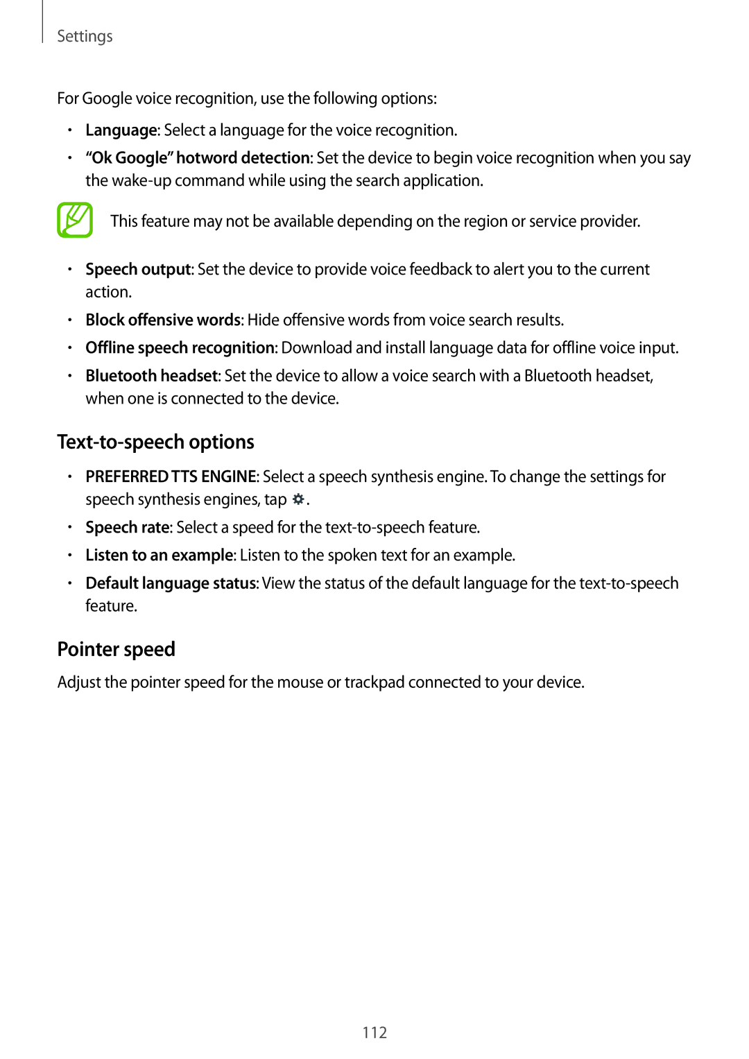 Samsung SM-T335NZWAHUI, SM-T335NYKAATO, SM-T335NYKAEUR, SM-T335NYKACOS, SM-T335NZWAEUR Text-to-speech options, Pointer speed 