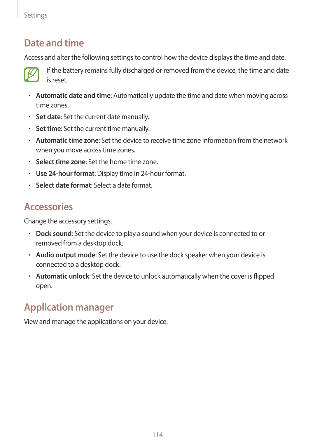 Samsung SM-T335NZWATIM, SM-T335NYKAATO, SM-T335NYKAEUR, SM-T335NYKACOS manual Date and time, Accessories, Application manager 