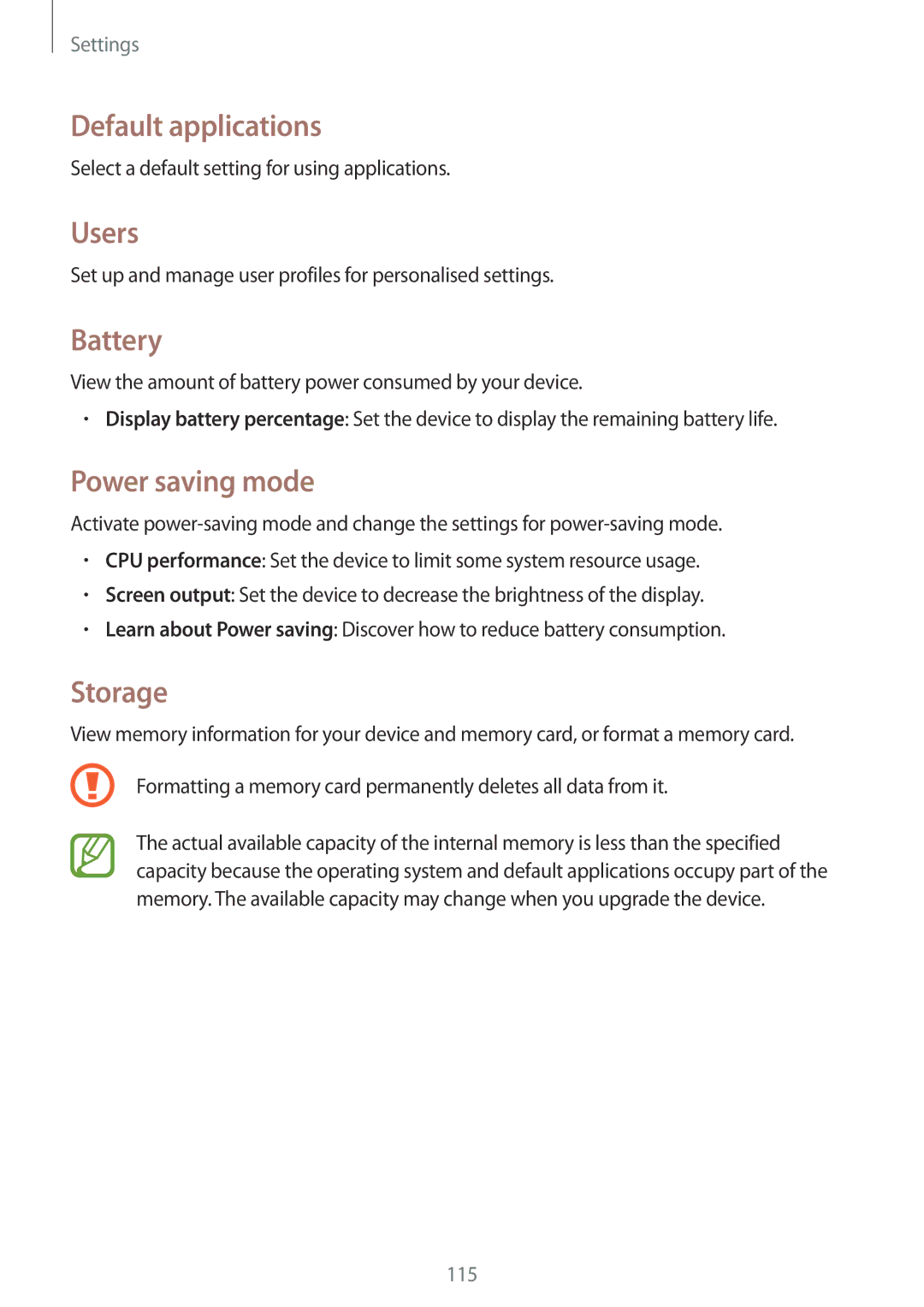 Samsung SM-T335NZWAITV, SM-T335NYKAATO, SM-T335NYKAEUR Default applications, Users, Battery, Power saving mode, Storage 