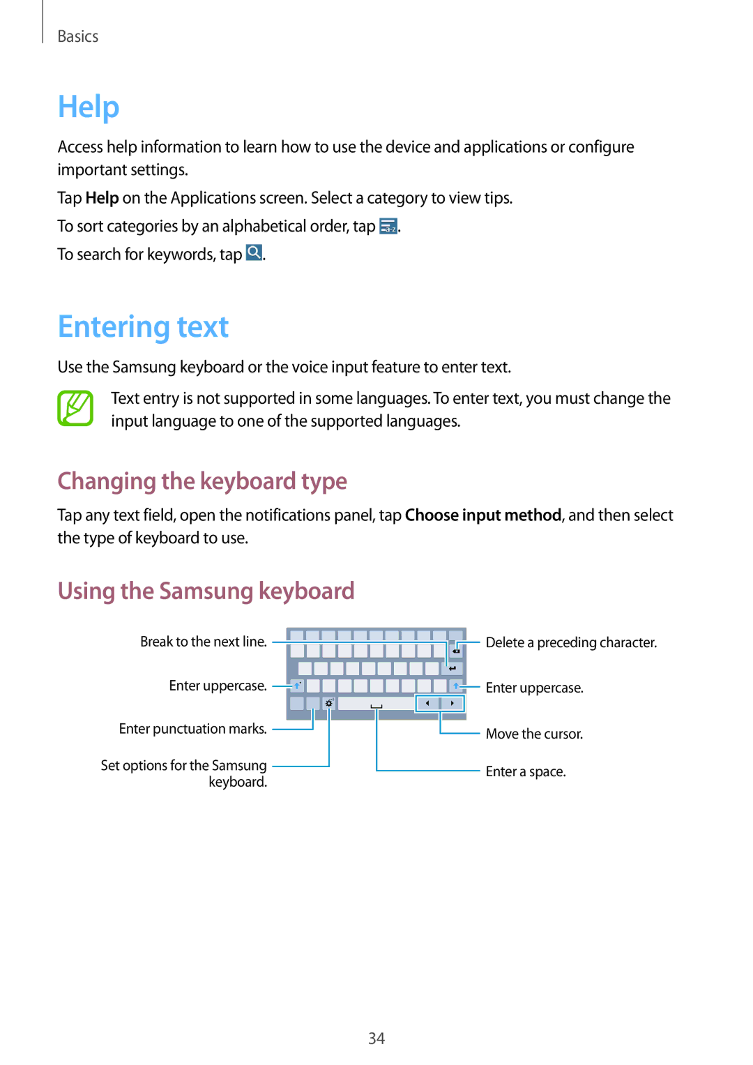 Samsung SM-T335NZWAHUI, SM-T335NYKAATO, SM-T335NYKAEUR, SM-T335NYKACOS manual Help, Entering text, Changing the keyboard type 