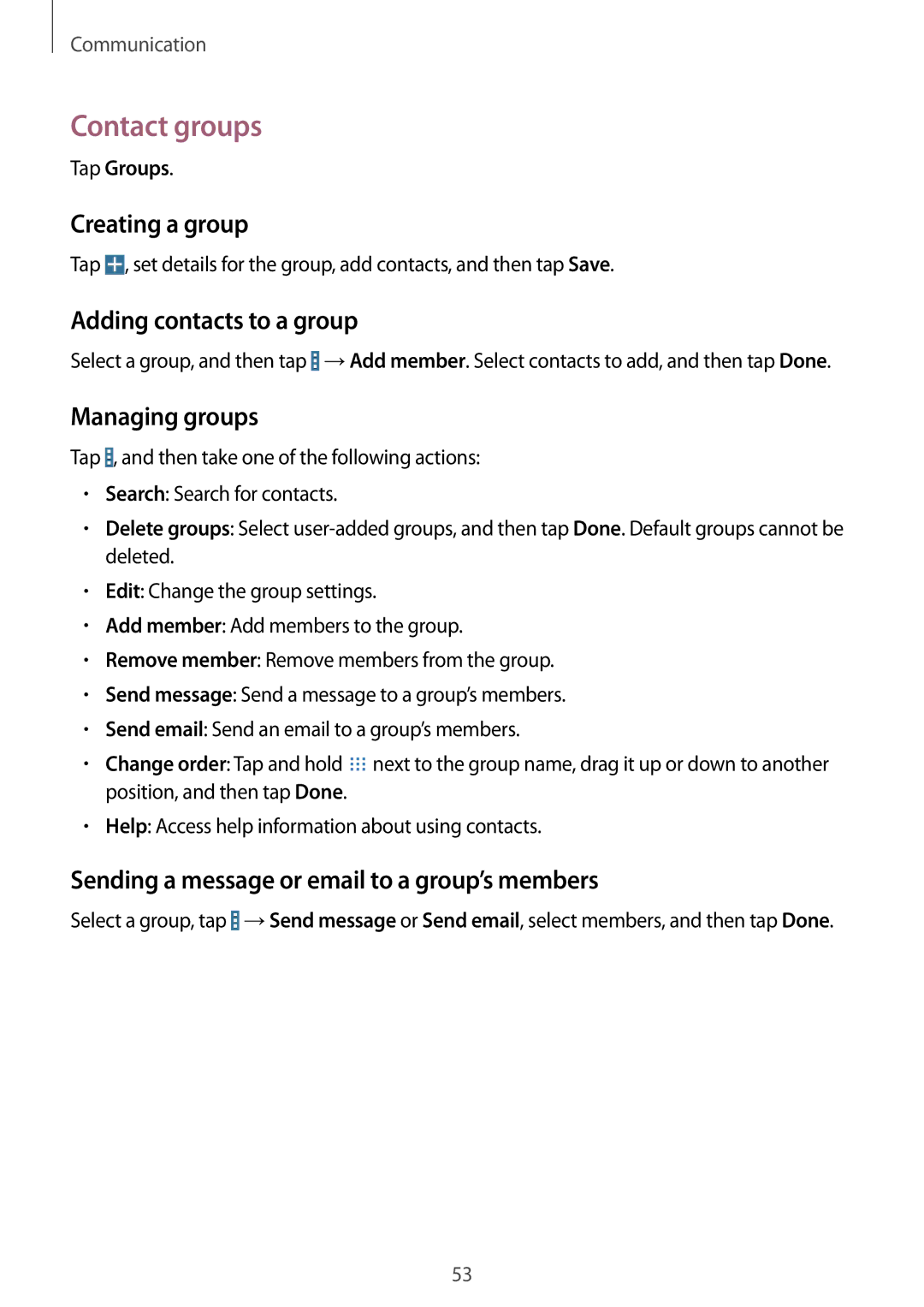 Samsung SM-T335NYKAEUR, SM-T335NYKAATO manual Contact groups, Creating a group, Adding contacts to a group, Managing groups 