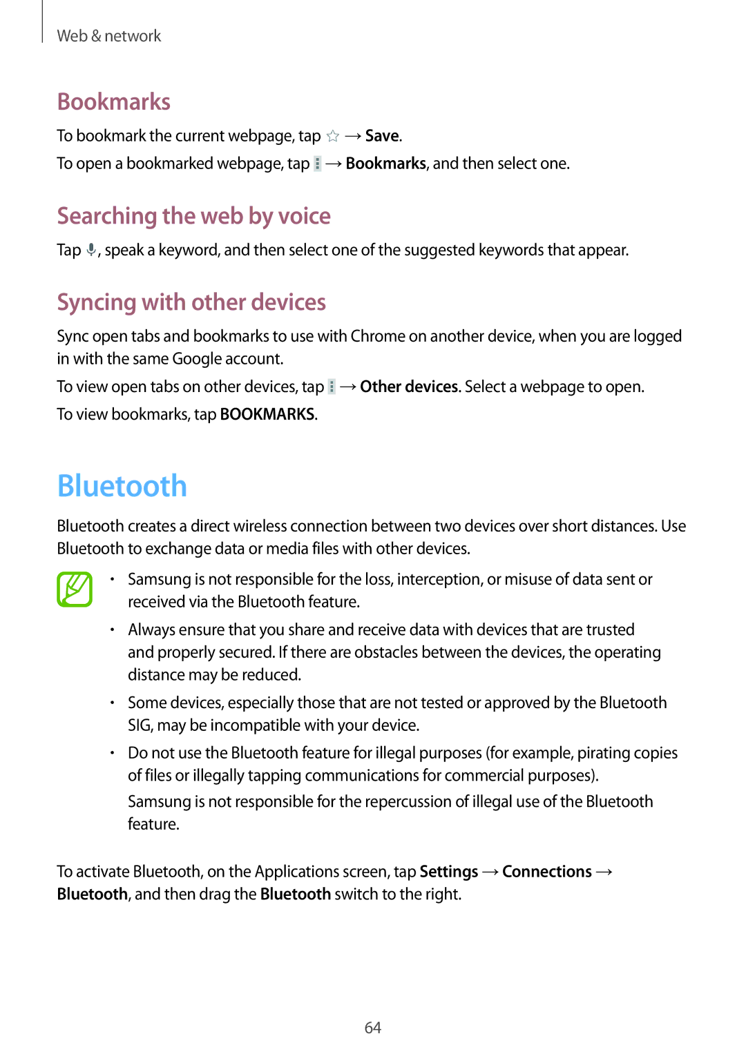 Samsung SM-T335NYKAITV, SM-T335NYKAATO, SM-T335NYKAEUR, SM-T335NYKACOS, SM-T335NZWAEUR Bluetooth, Syncing with other devices 