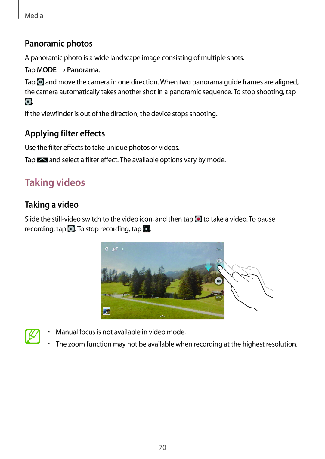 Samsung SM-T335NZWATMH manual Taking videos, Panoramic photos, Applying filter effects, Taking a video, Tap Mode →Panorama 