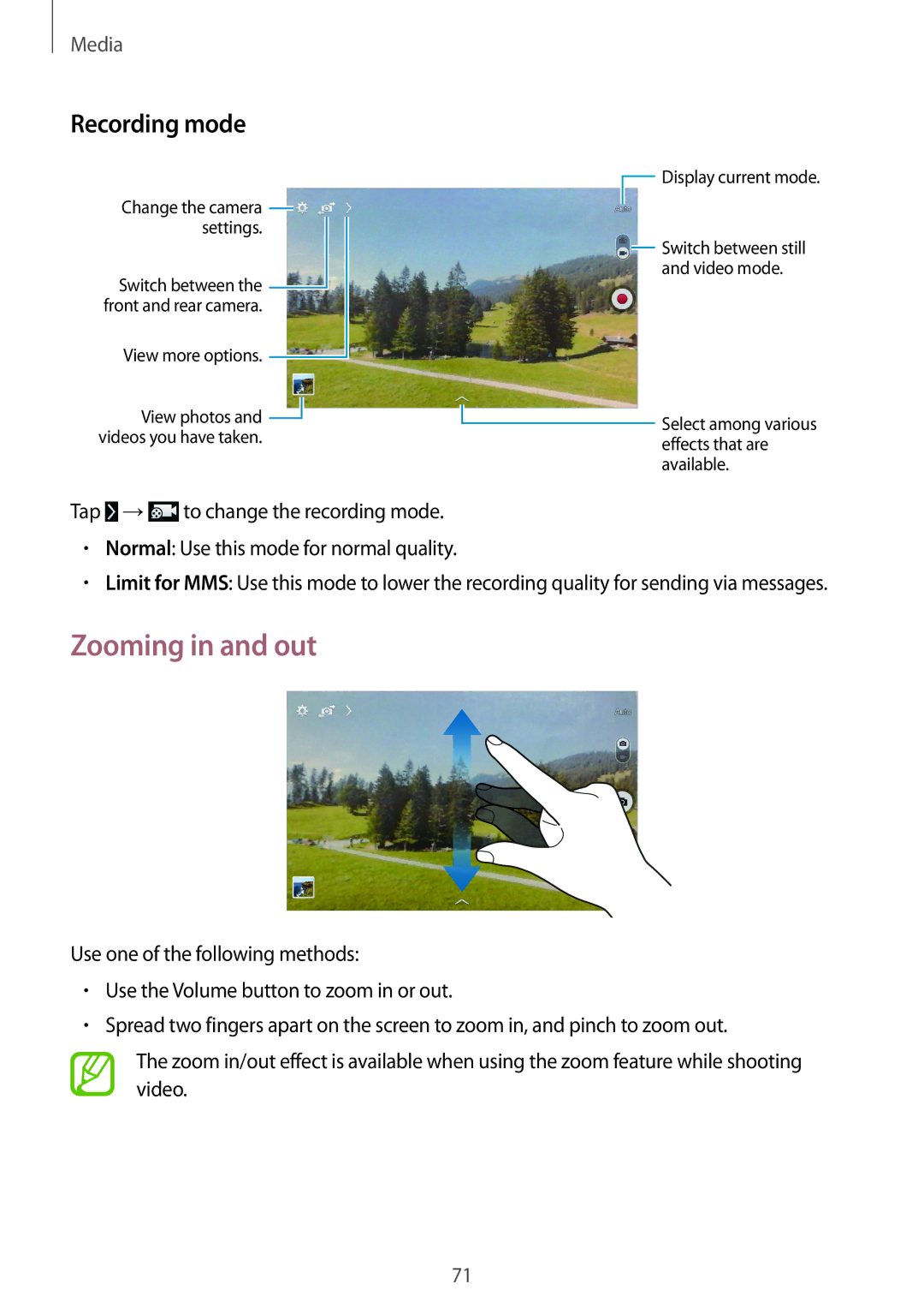 Samsung SM-T335NYKAVDH, SM-T335NYKAATO, SM-T335NYKAEUR, SM-T335NYKACOS, SM-T335NZWAEUR Zooming in and out, Recording mode 