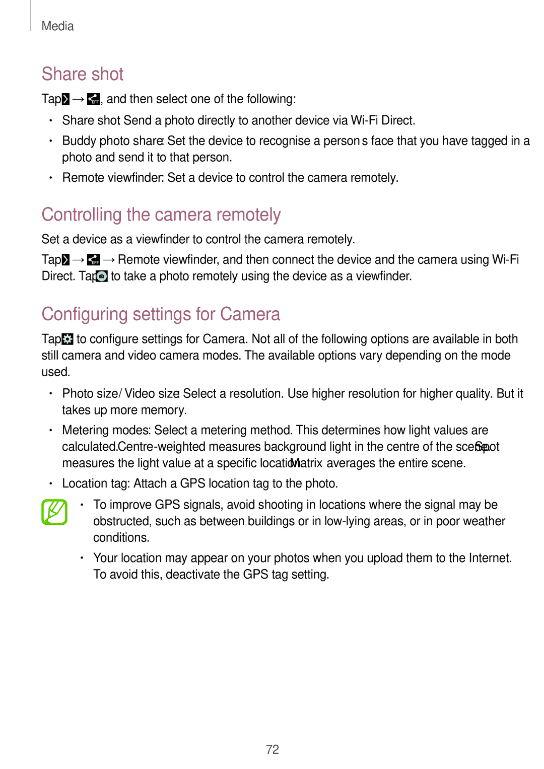 Samsung SM-T335NZWAXEZ, SM-T335NYKAATO manual Share shot, Controlling the camera remotely, Configuring settings for Camera 