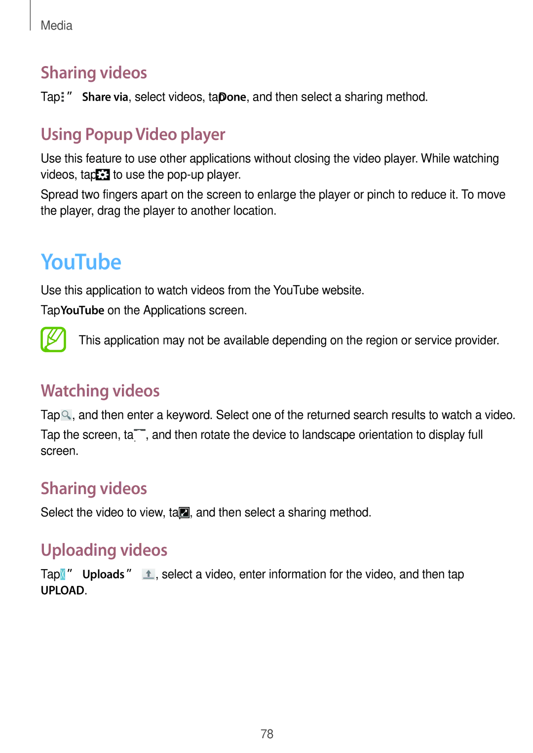 Samsung SM-T335NYKAATO manual YouTube, Sharing videos, Using Popup Video player, Watching videos, Uploading videos 