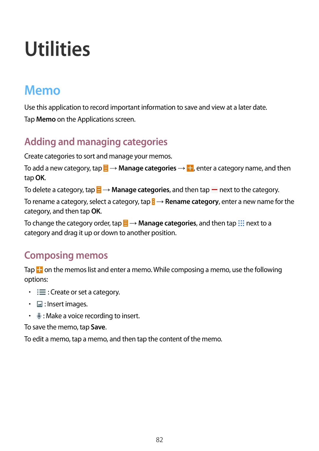 Samsung SM-T335NZWADTM, SM-T335NYKAATO, SM-T335NYKAEUR Utilities, Memo, Adding and managing categories, Composing memos 