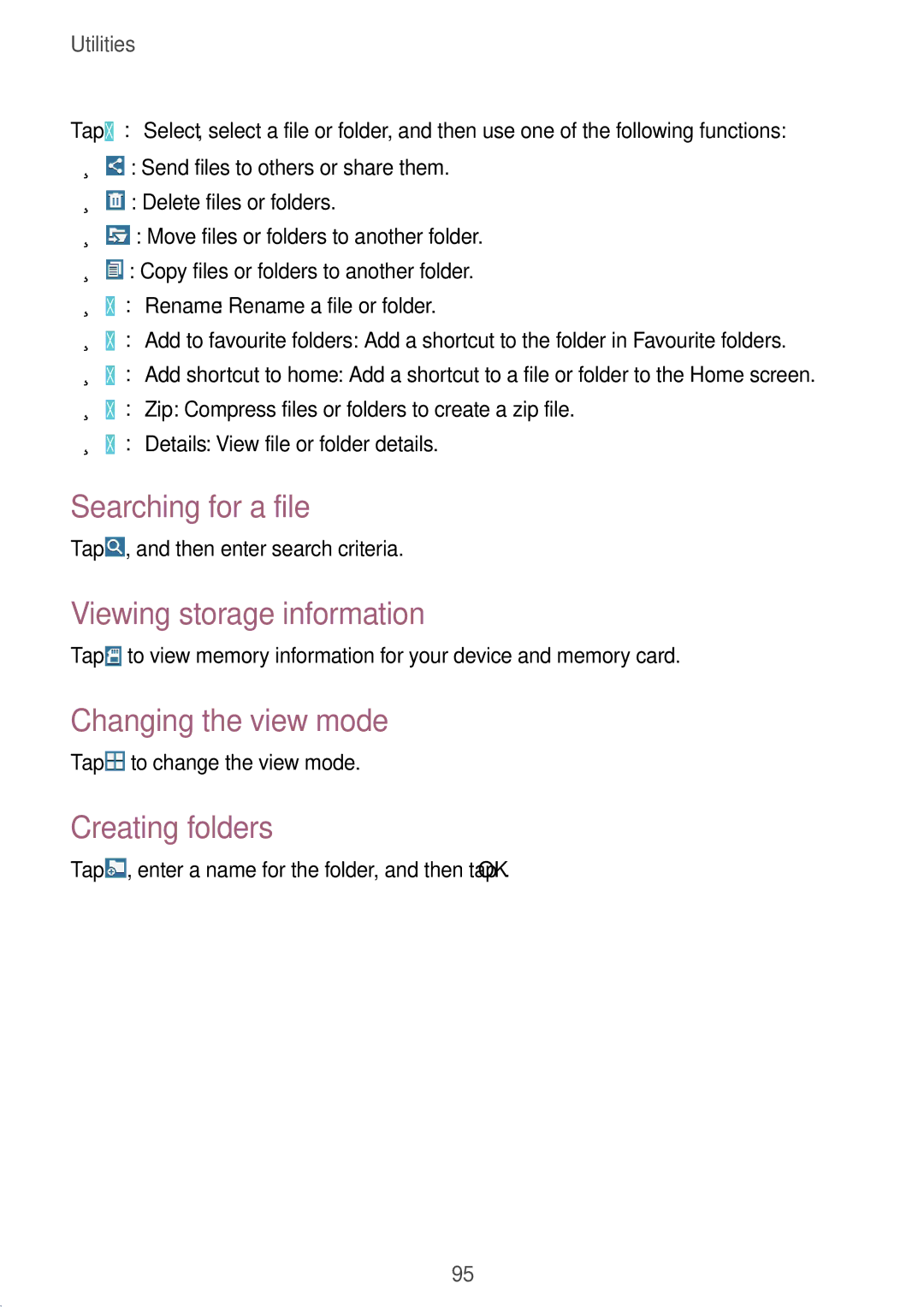 Samsung SM-T335NZWAAUT manual Searching for a file, Viewing storage information, Changing the view mode, Creating folders 