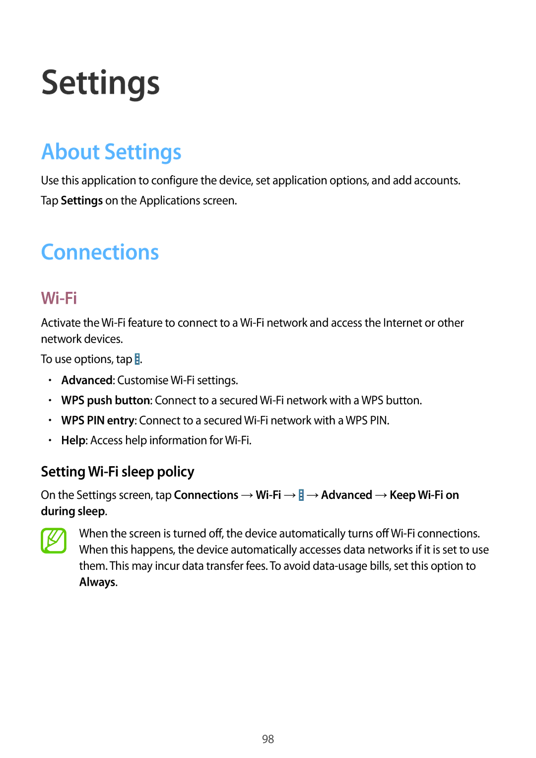 Samsung SM-T335NZWAXEZ, SM-T335NYKAATO, SM-T335NYKAEUR manual About Settings, Connections, Setting Wi-Fi sleep policy 