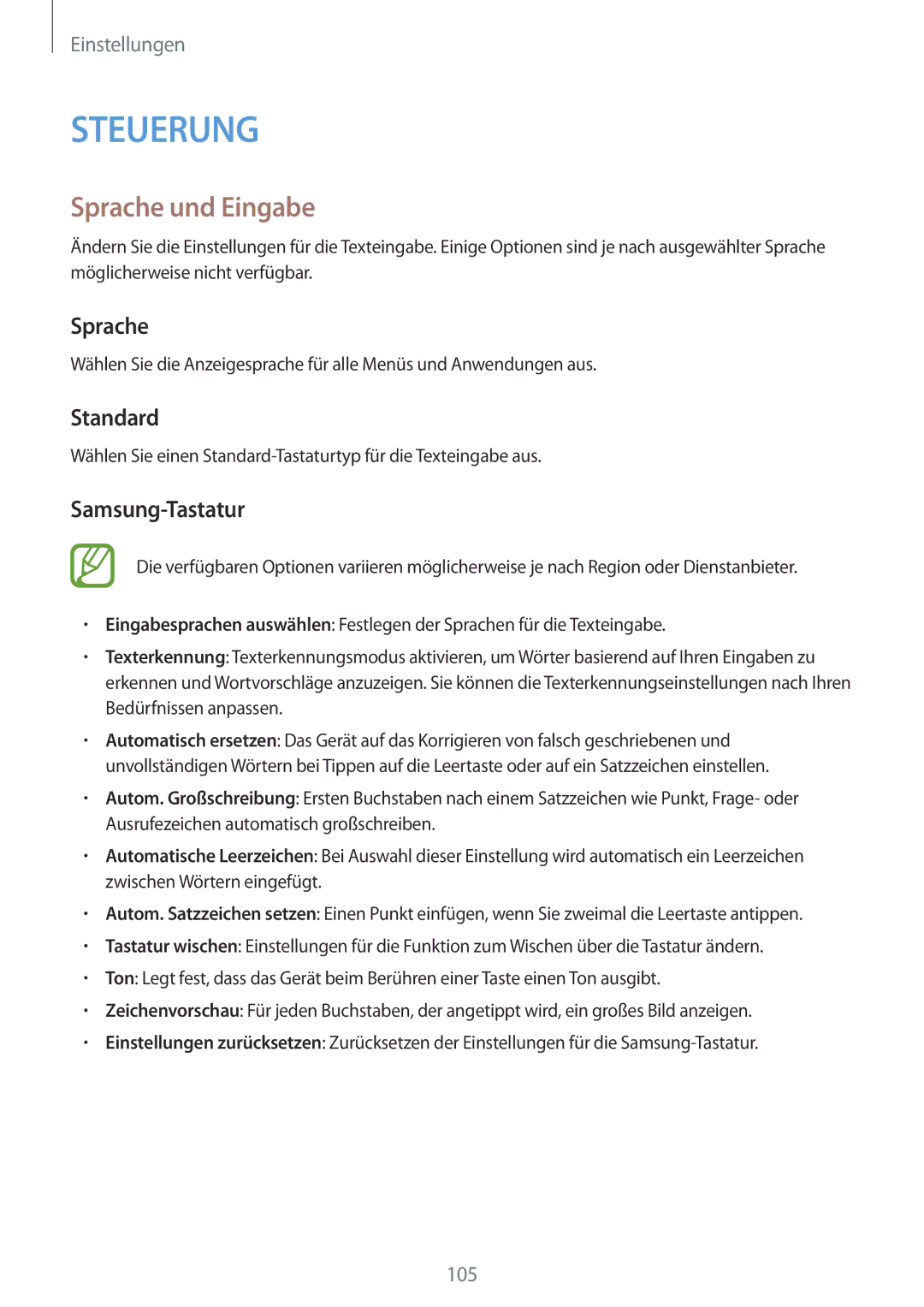 Samsung SM-T335NYKAATO, SM-T335NYKAEUR, SM-T335NYKACOS, SM-T335NZWAEUR manual Sprache und Eingabe, Standard, Samsung-Tastatur 