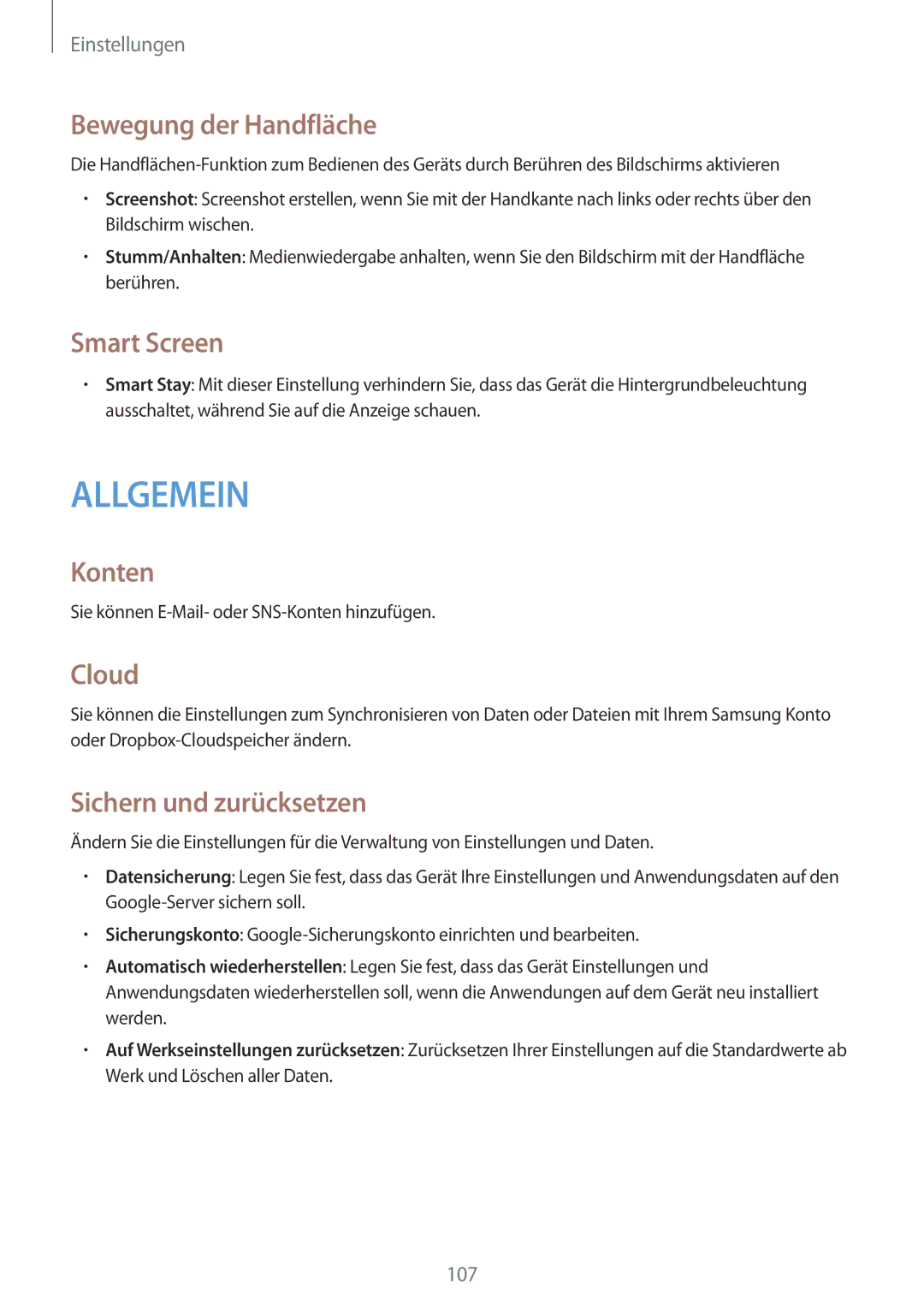 Samsung SM-T335NYKACOS, SM-T335NYKAATO manual Bewegung der Handfläche, Smart Screen, Konten, Cloud, Sichern und zurücksetzen 