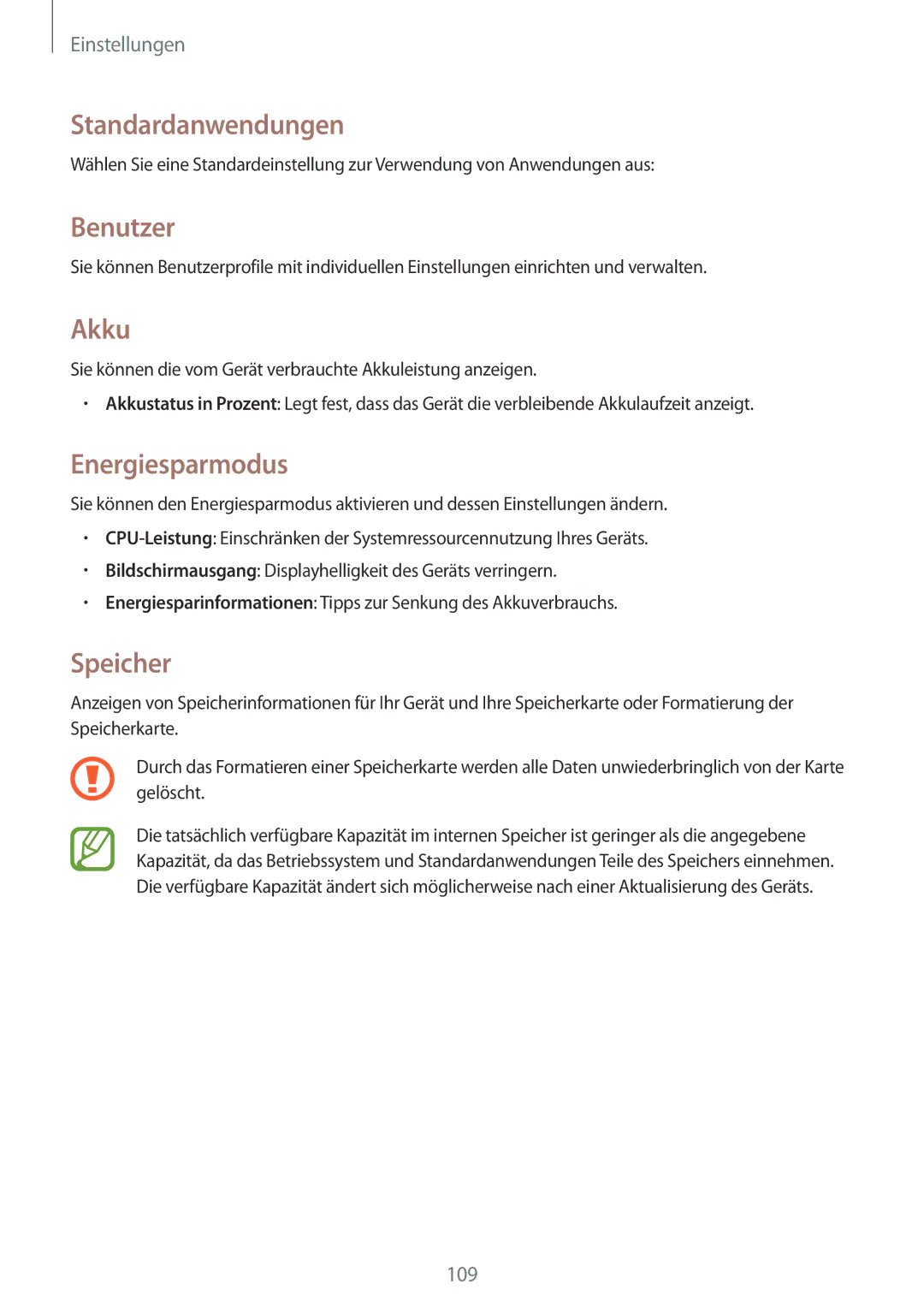 Samsung SM-T335NZWADTM, SM-T335NYKAATO, SM-T335NYKAEUR manual Standardanwendungen, Benutzer, Akku, Energiesparmodus, Speicher 