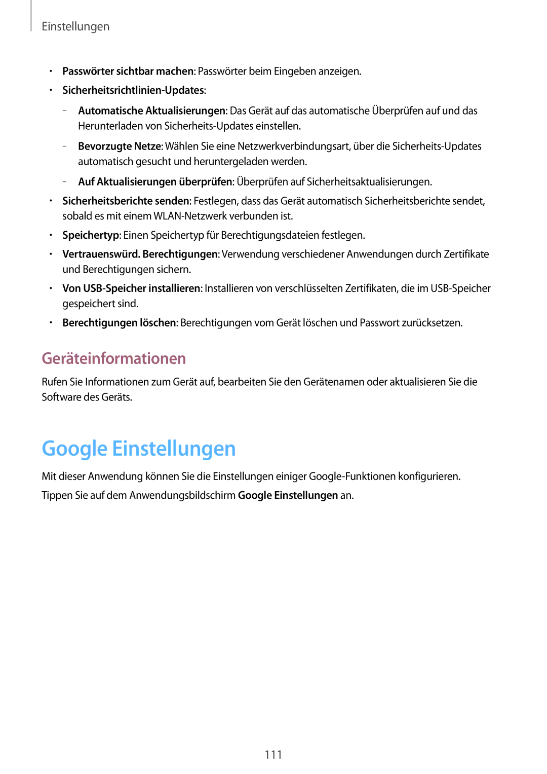 Samsung SM-T335NZWAVD2, SM-T335NYKAATO manual Google Einstellungen, Geräteinformationen, Sicherheitsrichtlinien-Updates 