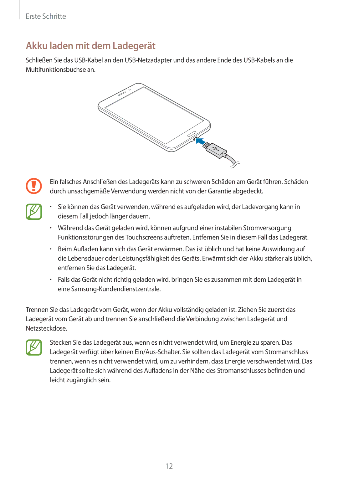 Samsung SM-T335NZWAATO, SM-T335NYKAATO, SM-T335NYKAEUR, SM-T335NYKACOS, SM-T335NZWAEUR manual Akku laden mit dem Ladegerät 