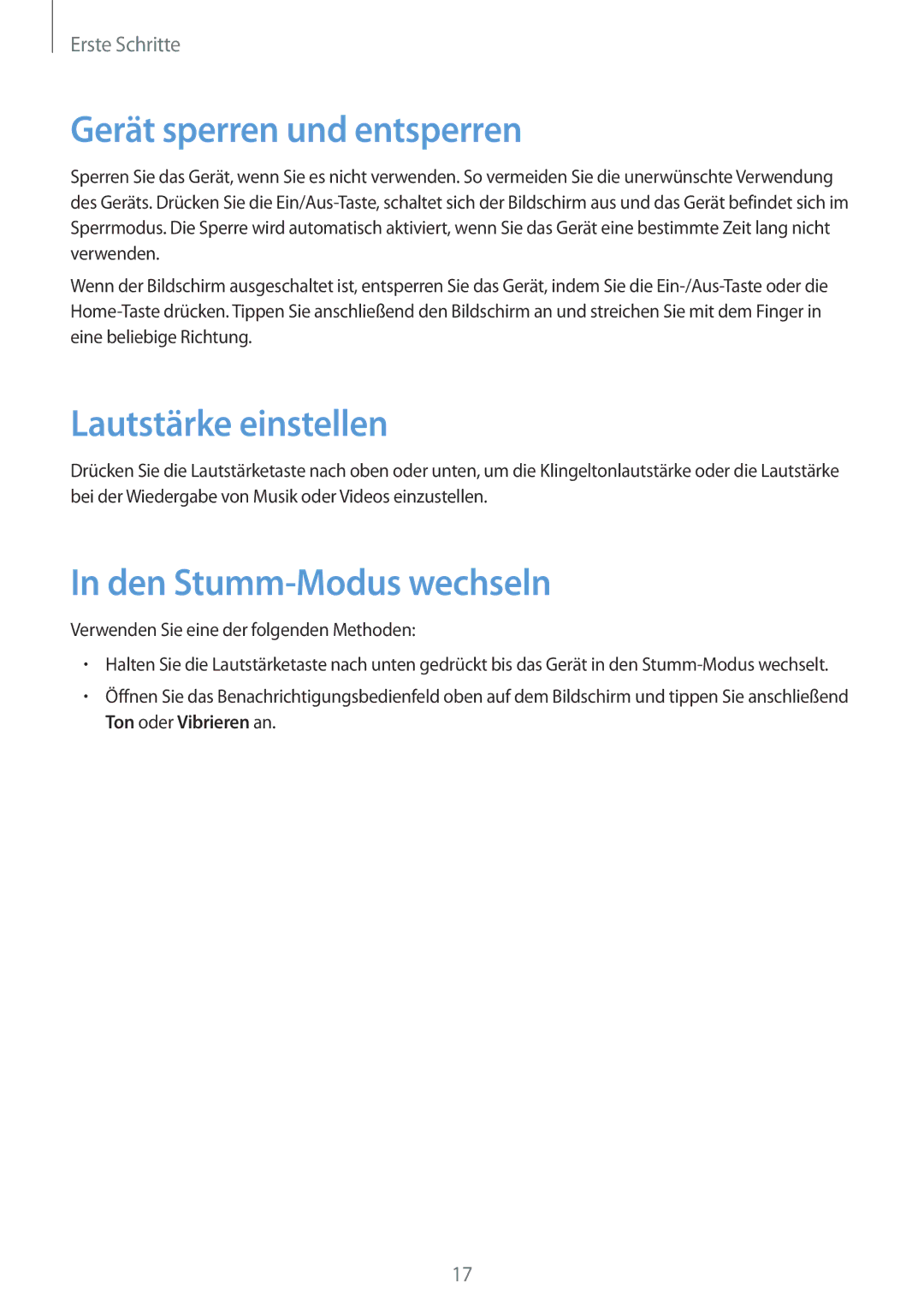 Samsung SM-T335NZWAEUR, SM-T335NYKAATO manual Gerät sperren und entsperren, Lautstärke einstellen, Den Stumm-Modus wechseln 