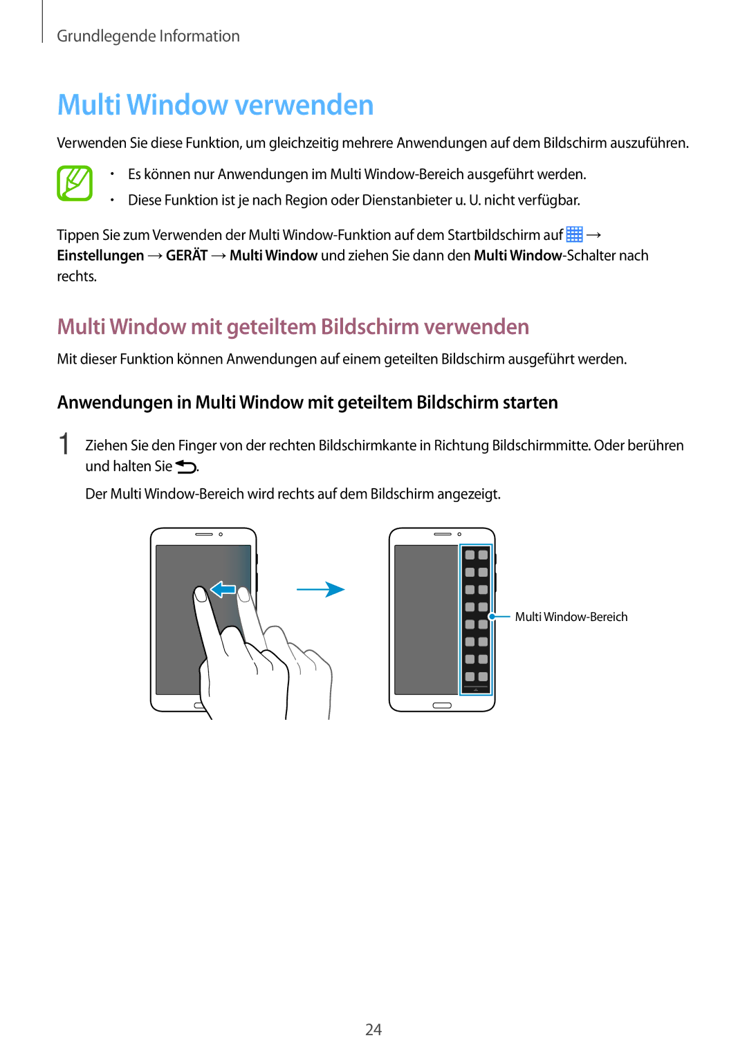 Samsung SM-T335NZWAEUR, SM-T335NYKAATO manual Multi Window verwenden, Multi Window mit geteiltem Bildschirm verwenden 