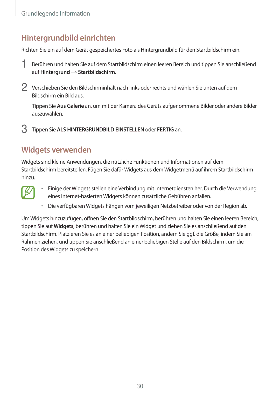 Samsung SM-T335NYKACOS, SM-T335NYKAATO, SM-T335NYKAEUR, SM-T335NZWAEUR manual Hintergrundbild einrichten, Widgets verwenden 