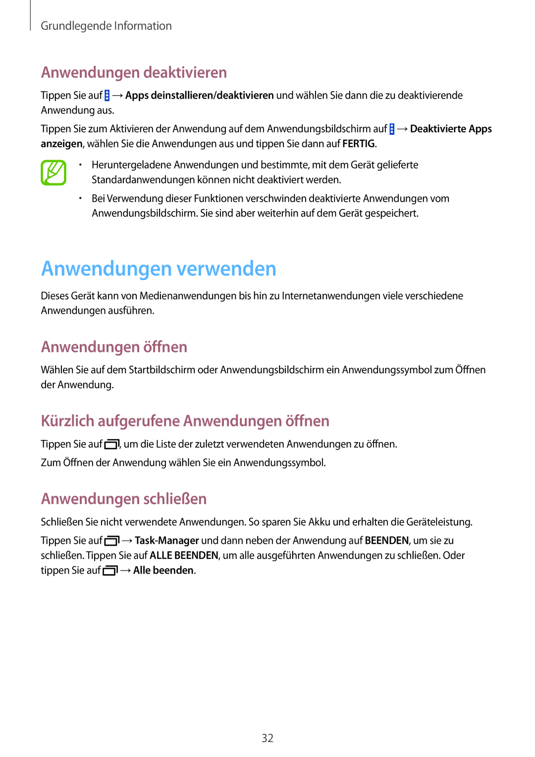 Samsung SM-T335NZWADTM manual Anwendungen verwenden, Anwendungen deaktivieren, Anwendungen öffnen, Anwendungen schließen 