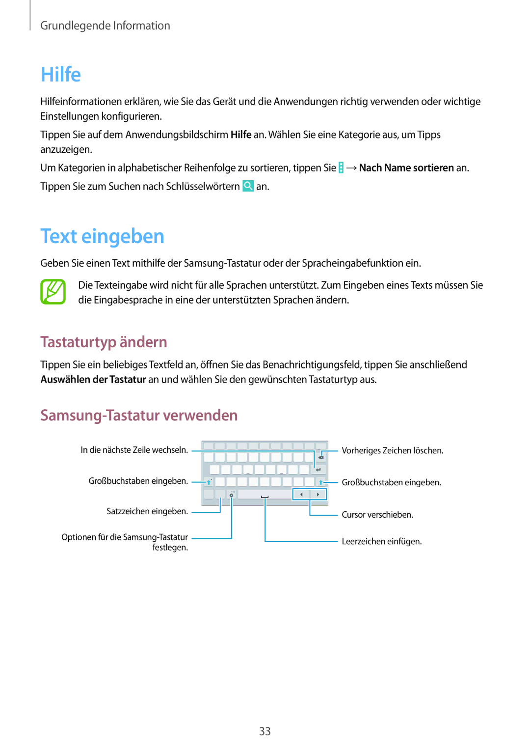 Samsung SM-T335NZWAATO, SM-T335NYKAATO, SM-T335NYKAEUR, SM-T335NYKACOS manual Hilfe, Text eingeben, Tastaturtyp ändern 