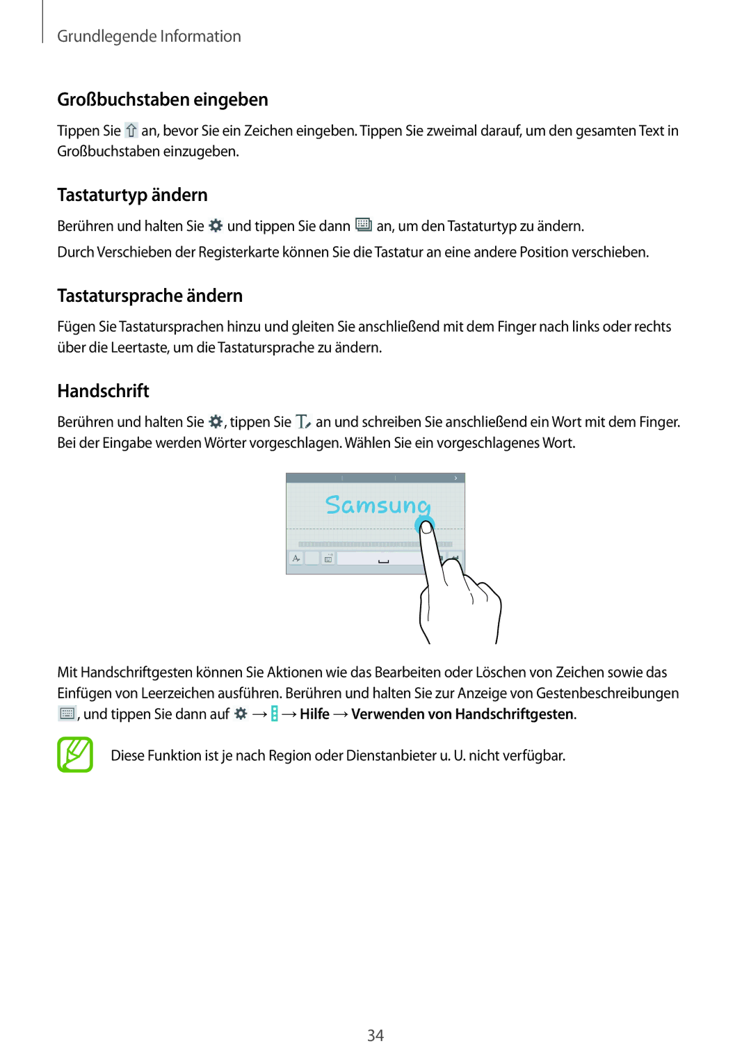 Samsung SM-T335NZWAVD2, SM-T335NYKAATO Großbuchstaben eingeben, Tastaturtyp ändern, Tastatursprache ändern, Handschrift 