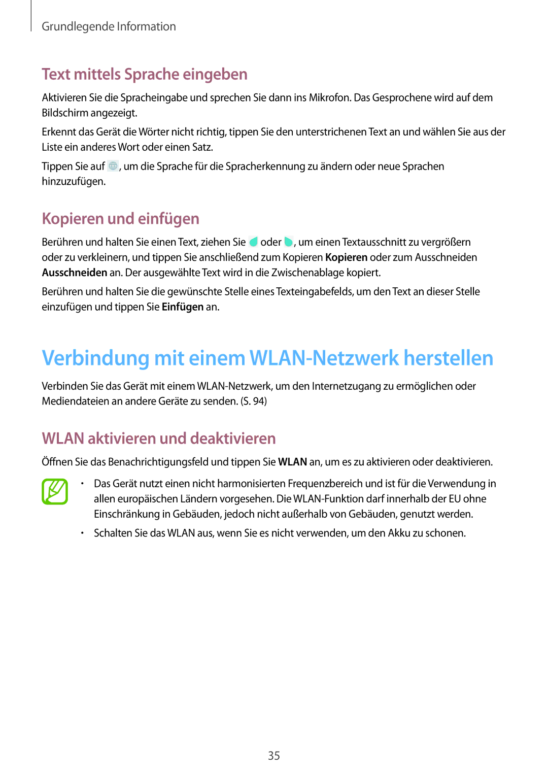 Samsung SM-T335NYKAATO manual Text mittels Sprache eingeben, Kopieren und einfügen, Wlan aktivieren und deaktivieren 