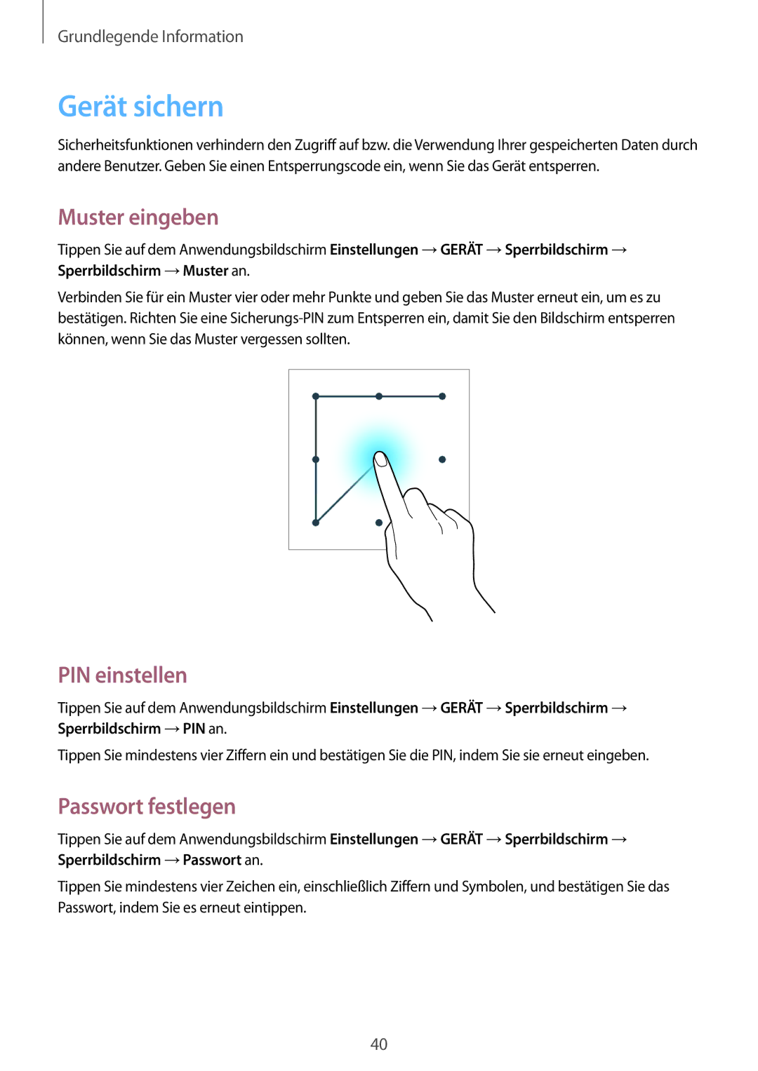 Samsung SM-T335NZWAATO, SM-T335NYKAATO, SM-T335NYKAEUR Gerät sichern, Muster eingeben, PIN einstellen, Passwort festlegen 