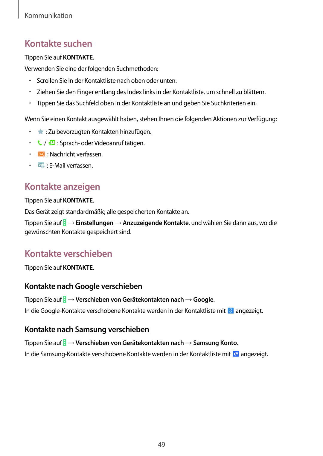 Samsung SM-T335NYKAATO manual Kontakte suchen, Kontakte anzeigen, Kontakte verschieben, Kontakte nach Google verschieben 