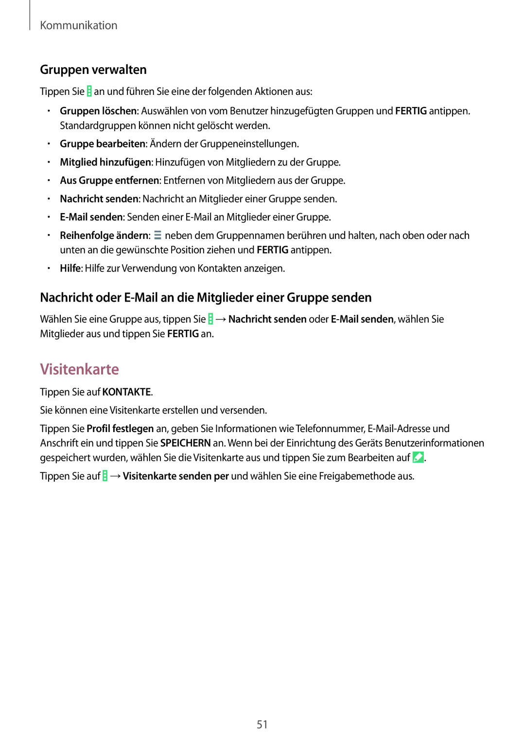 Samsung SM-T335NYKACOS manual Visitenkarte, Gruppen verwalten, Nachricht oder E-Mail an die Mitglieder einer Gruppe senden 