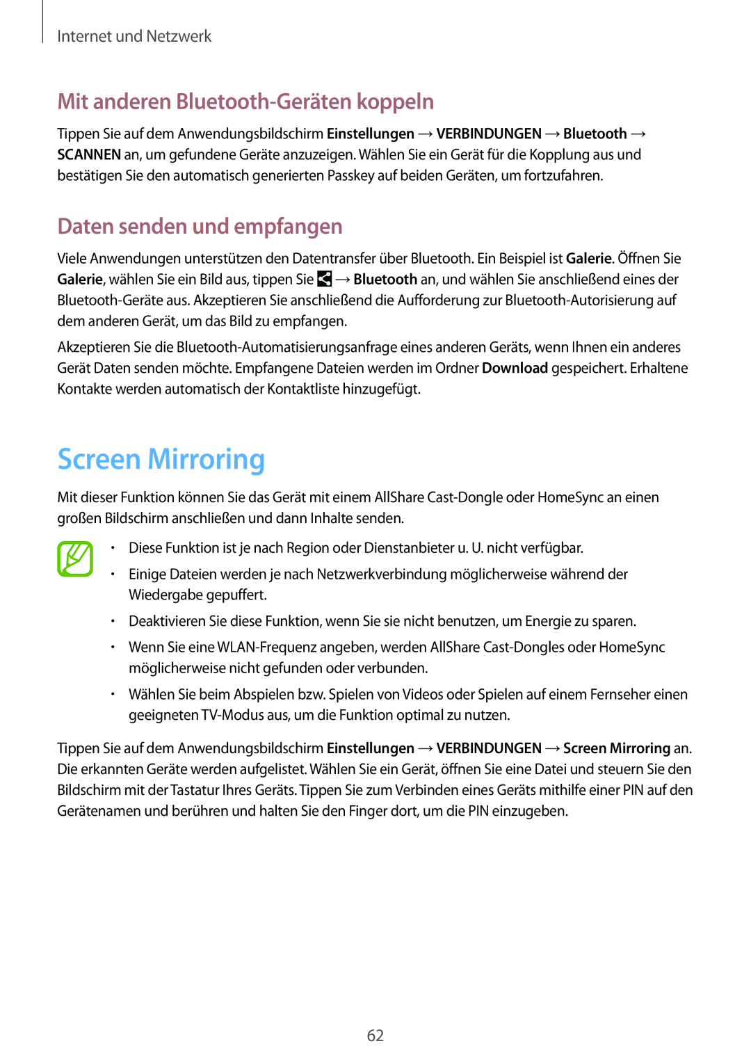 Samsung SM-T335NZWAVD2, SM-T335NYKAATO Screen Mirroring, Mit anderen Bluetooth-Geräten koppeln, Daten senden und empfangen 