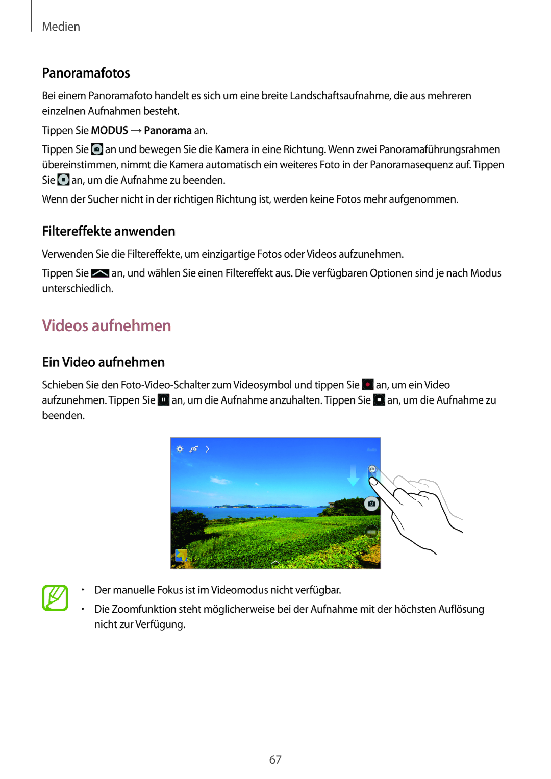 Samsung SM-T335NZWADTM, SM-T335NYKAATO manual Videos aufnehmen, Panoramafotos, Filtereffekte anwenden, Ein Video aufnehmen 
