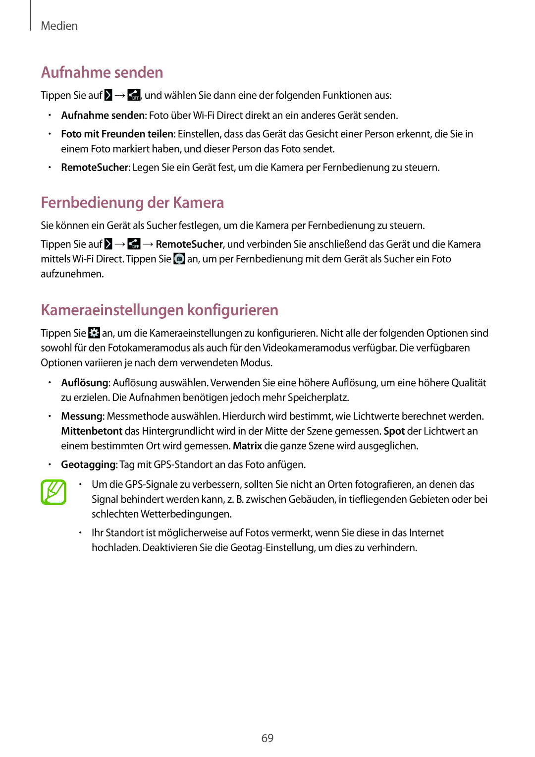 Samsung SM-T335NZWAVD2, SM-T335NYKAATO manual Aufnahme senden, Fernbedienung der Kamera, Kameraeinstellungen konfigurieren 