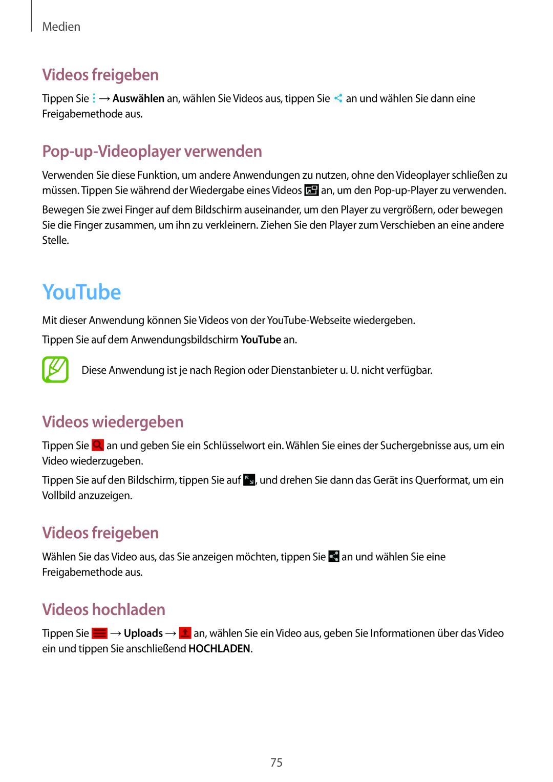Samsung SM-T335NZWAATO, SM-T335NYKAATO manual YouTube, Videos freigeben, Pop-up-Videoplayer verwenden, Videos hochladen 