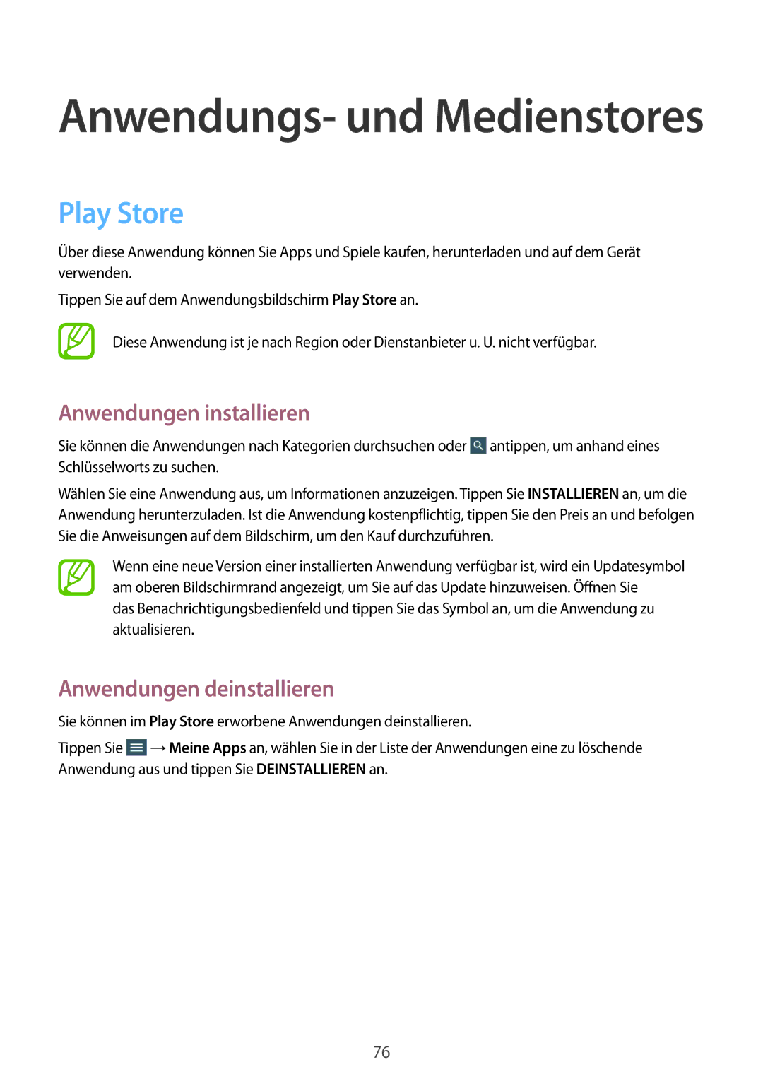 Samsung SM-T335NZWAVD2, SM-T335NYKAATO, SM-T335NYKAEUR, SM-T335NYKACOS manual Anwendungs- und Medienstores, Play Store 