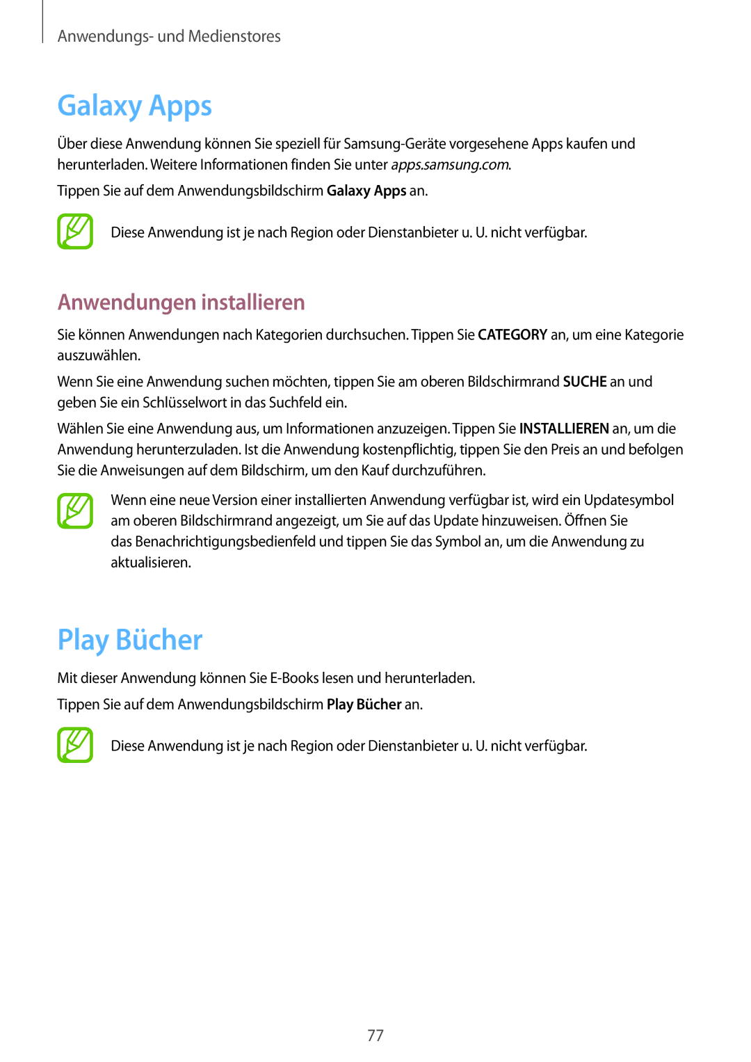Samsung SM-T335NYKAATO, SM-T335NYKAEUR, SM-T335NYKACOS, SM-T335NZWAEUR, SM-T335NZWADTM manual Galaxy Apps, Play Bücher 
