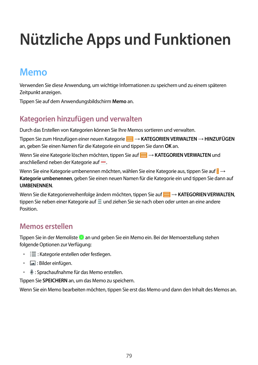 Samsung SM-T335NYKACOS, SM-T335NYKAATO, SM-T335NYKAEUR manual Kategorien hinzufügen und verwalten, Memos erstellen 