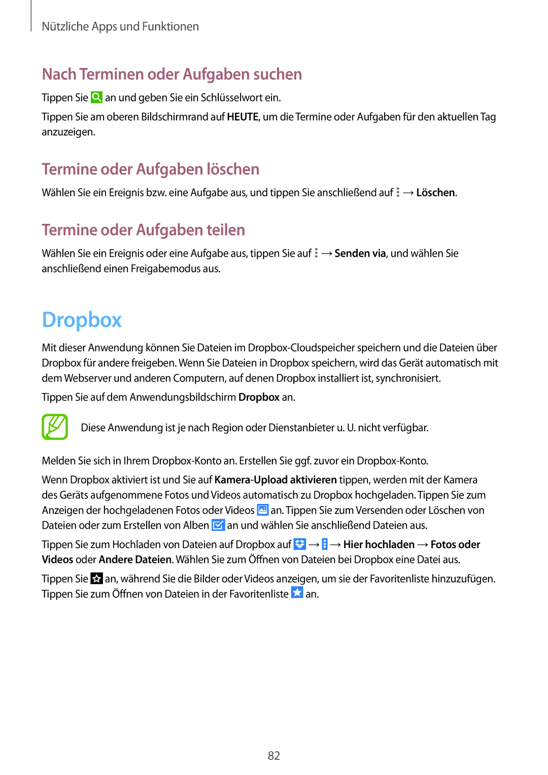 Samsung SM-T335NZWAATO, SM-T335NYKAATO manual Dropbox, Nach Terminen oder Aufgaben suchen, Termine oder Aufgaben löschen 