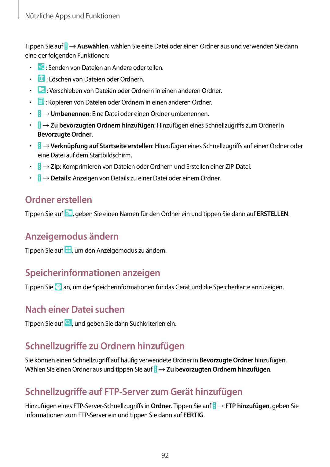 Samsung SM-T335NYKAEUR Ordner erstellen, Anzeigemodus ändern, Speicherinformationen anzeigen, Nach einer Datei suchen 