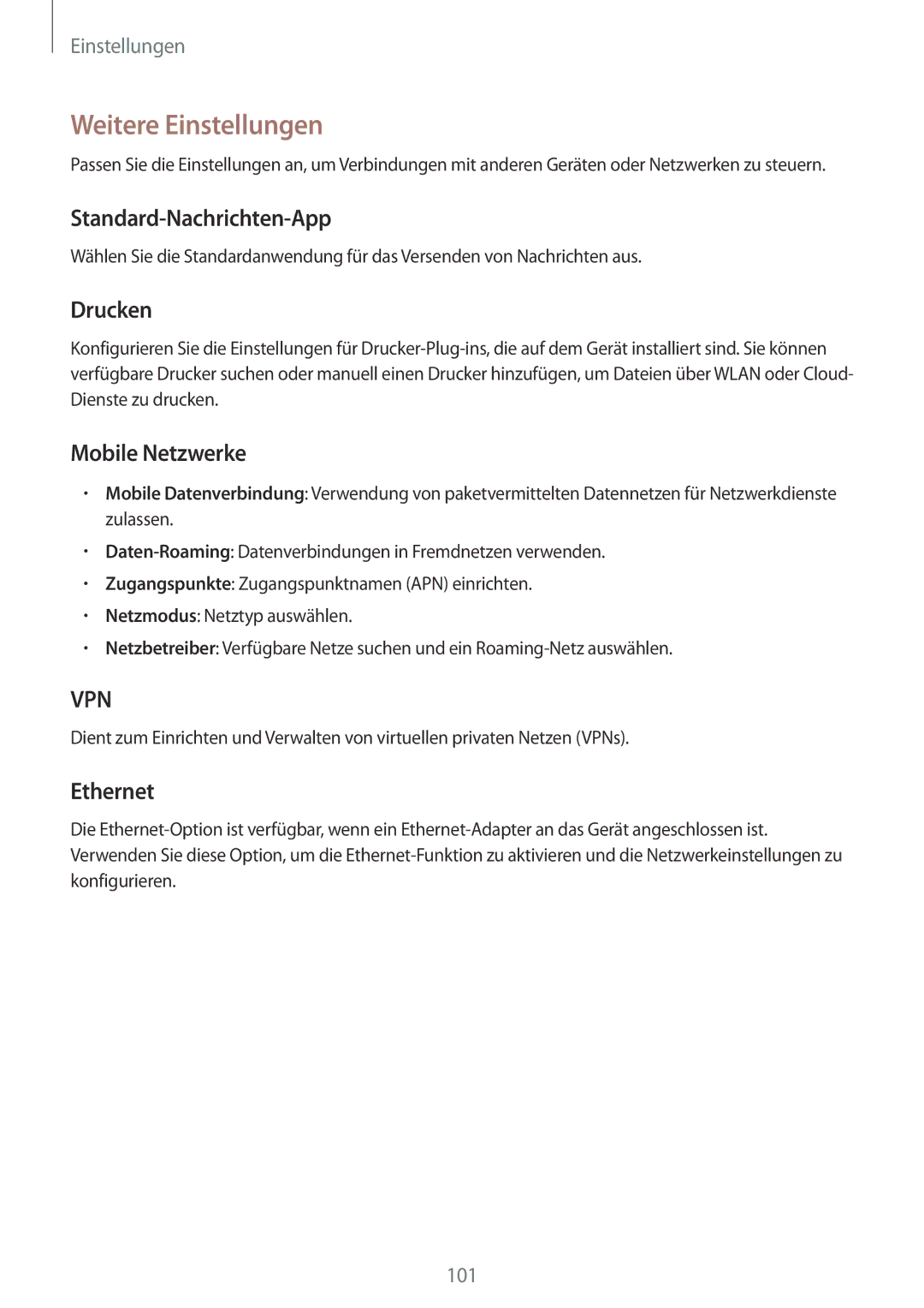 Samsung SM-T335NZWAEUR manual Weitere Einstellungen, Standard-Nachrichten-App, Drucken, Mobile Netzwerke, Ethernet 