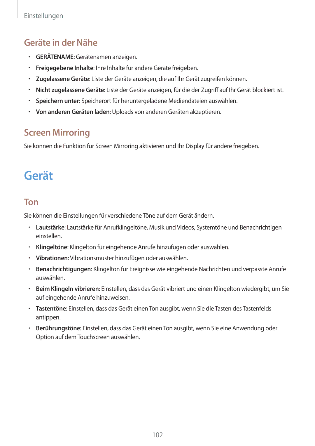 Samsung SM-T335NZWADTM, SM-T335NYKAATO, SM-T335NYKAEUR, SM-T335NYKACOS manual Geräte in der Nähe, Screen Mirroring, Ton 