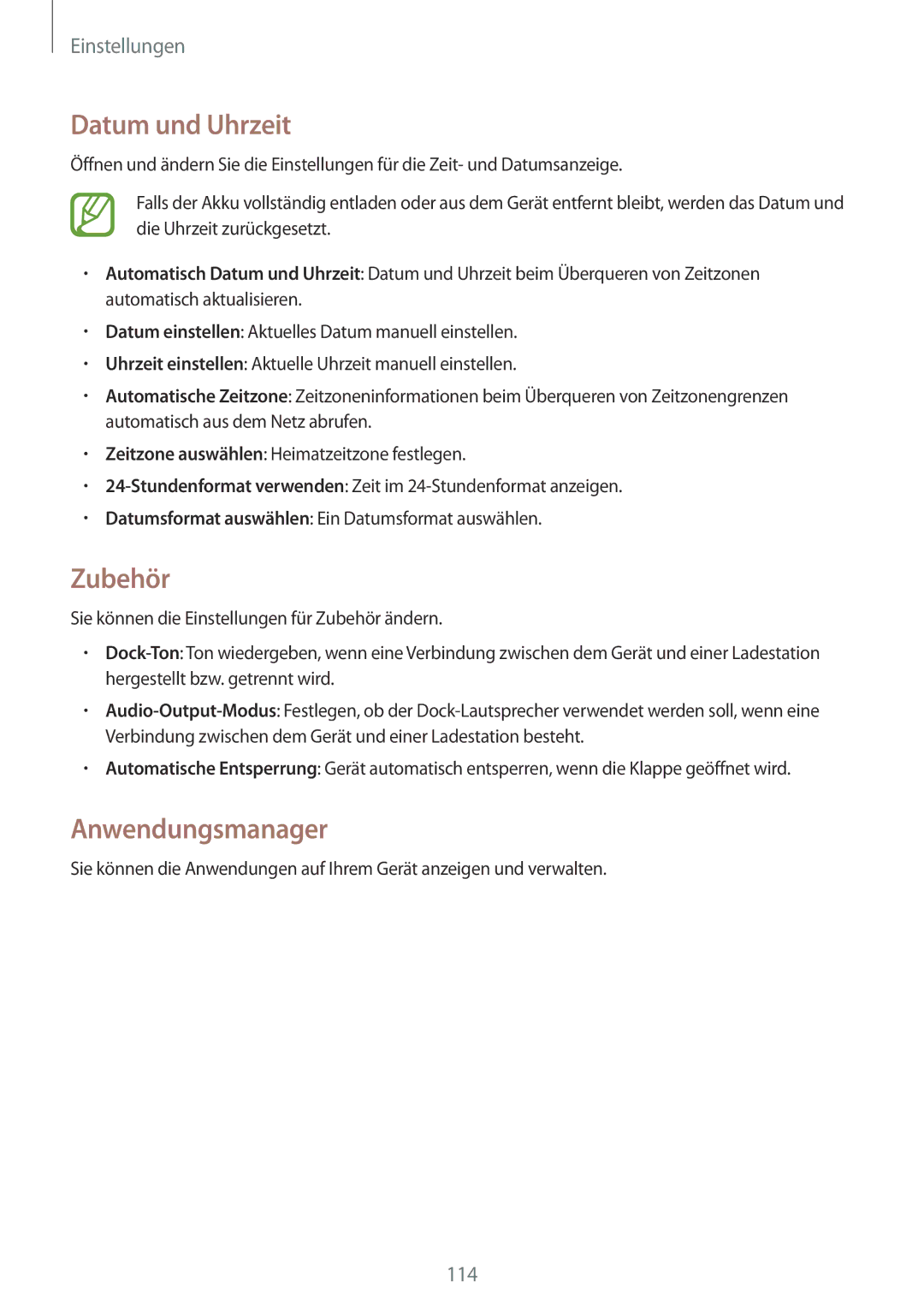Samsung SM-T335NYKACOS, SM-T335NYKAATO, SM-T335NYKAEUR, SM-T335NZWAEUR manual Datum und Uhrzeit, Zubehör, Anwendungsmanager 