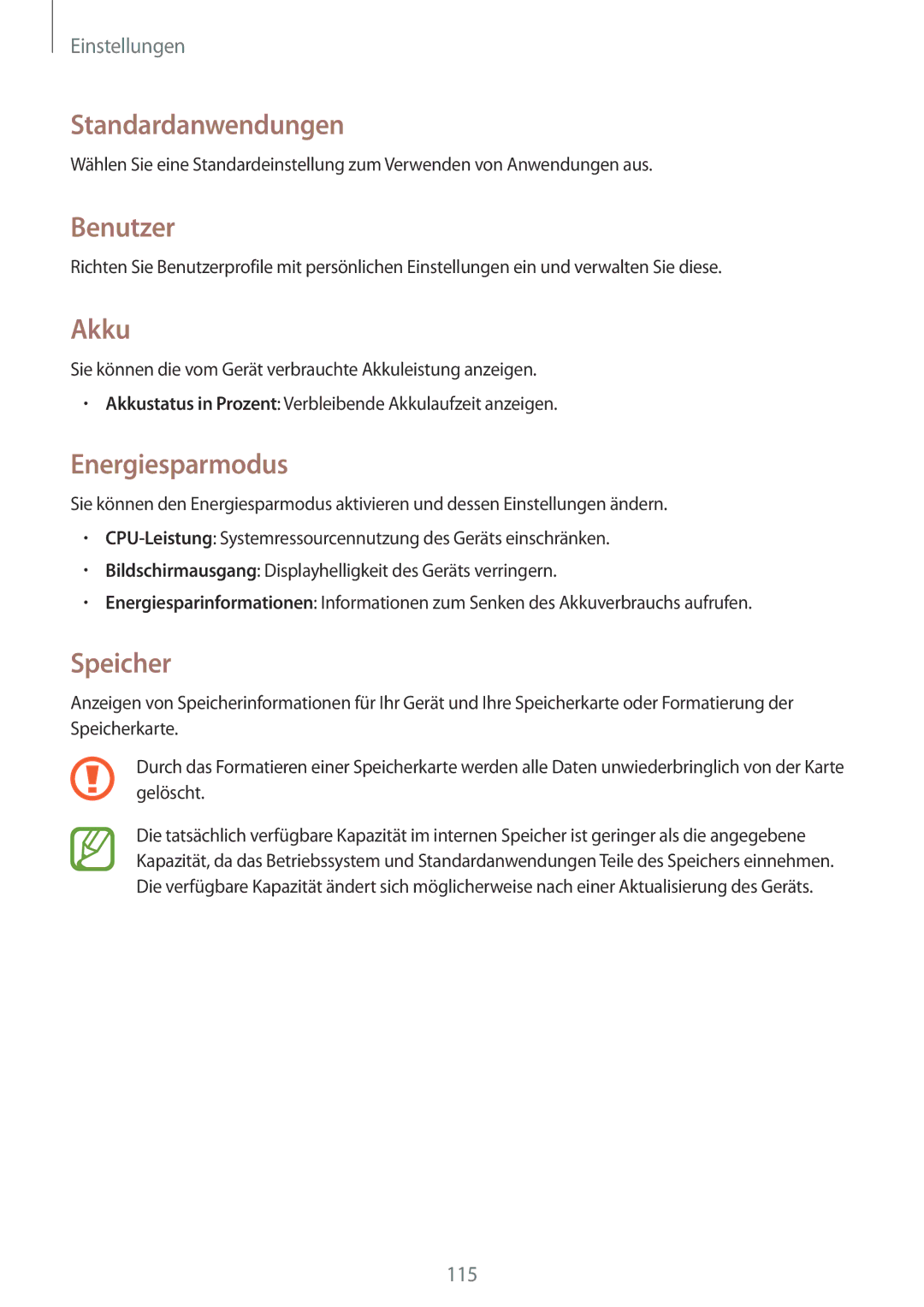 Samsung SM-T335NZWAEUR, SM-T335NYKAATO, SM-T335NYKAEUR manual Standardanwendungen, Benutzer, Akku, Energiesparmodus, Speicher 